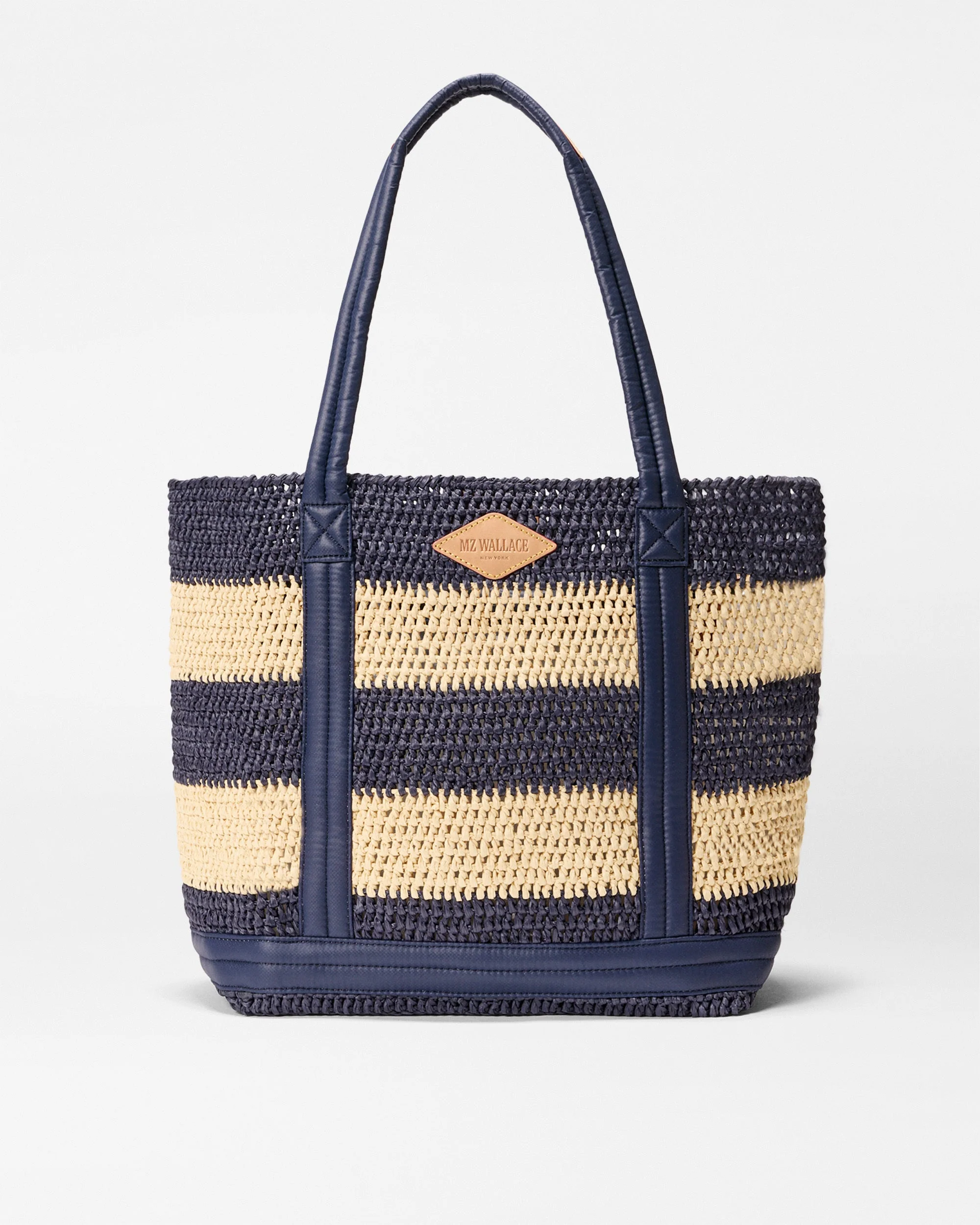 Solid MZ Wallace Medium Crochet Tote in Dawn Natural Stripe Detailed