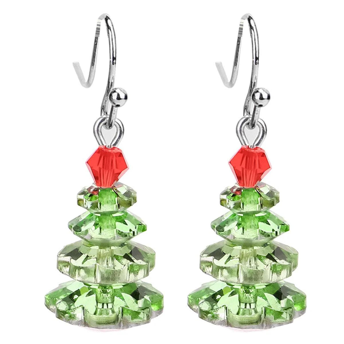 Verified Green Crystal Silvertone Christmas Tree Drop Earrings Excellent