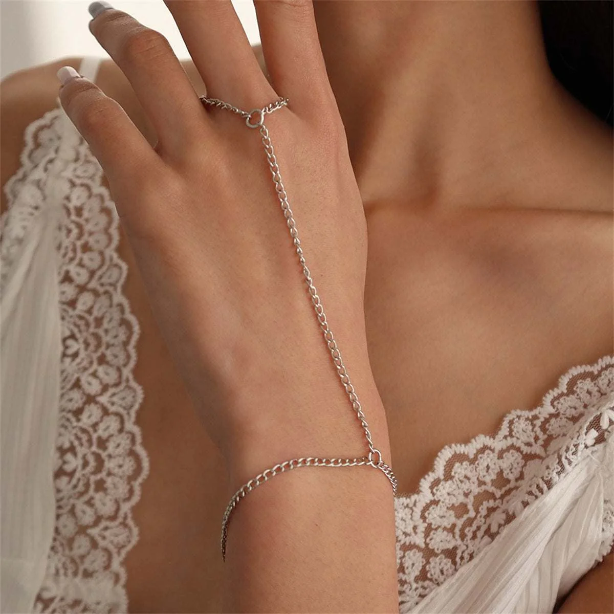 Versatile Silvertone Wrist-To-Ring Chain Bracelet Pure