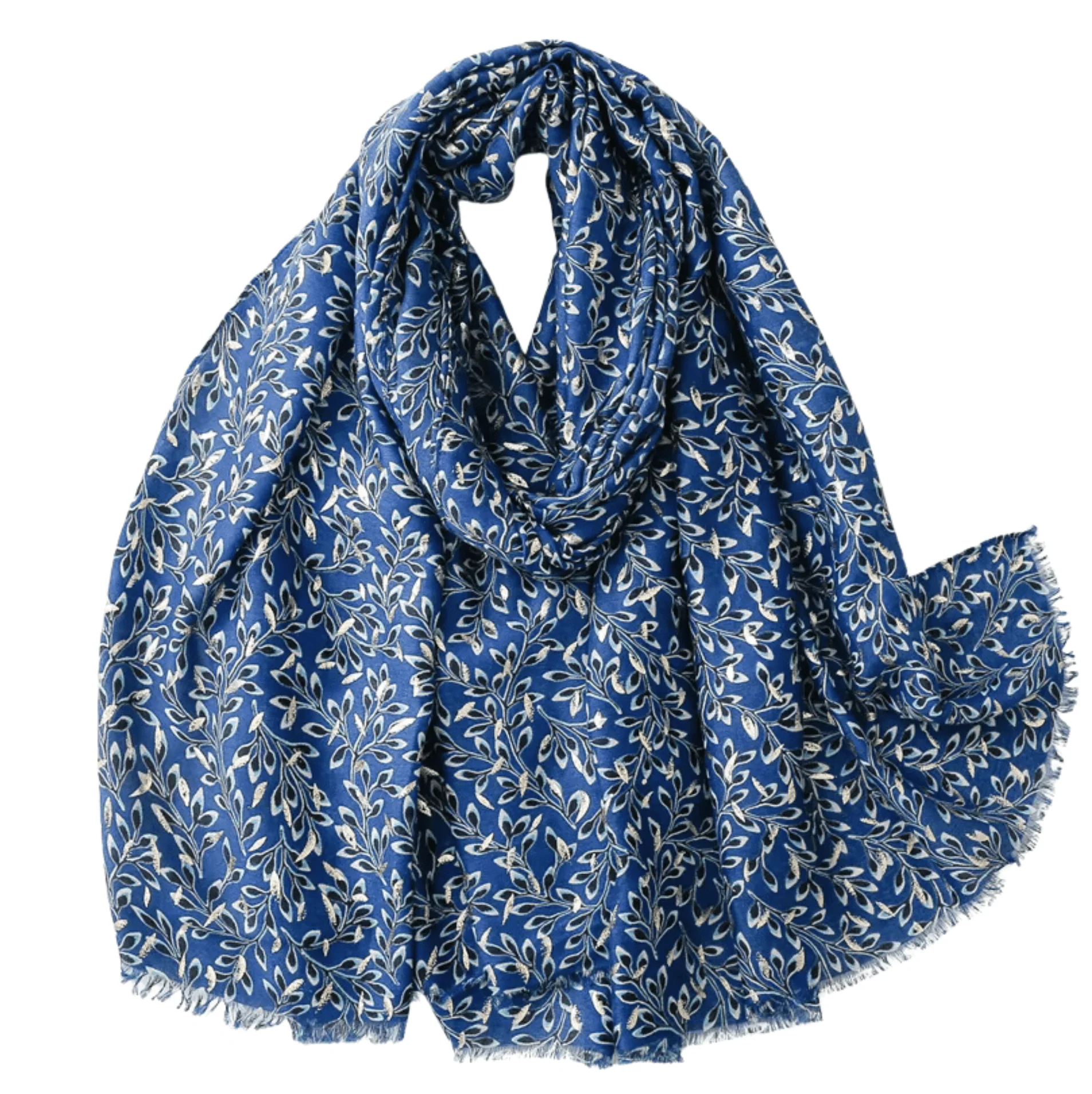Effective Timeless Botanical Scarf with White Leaf Motifs in Rich Blue Trusted