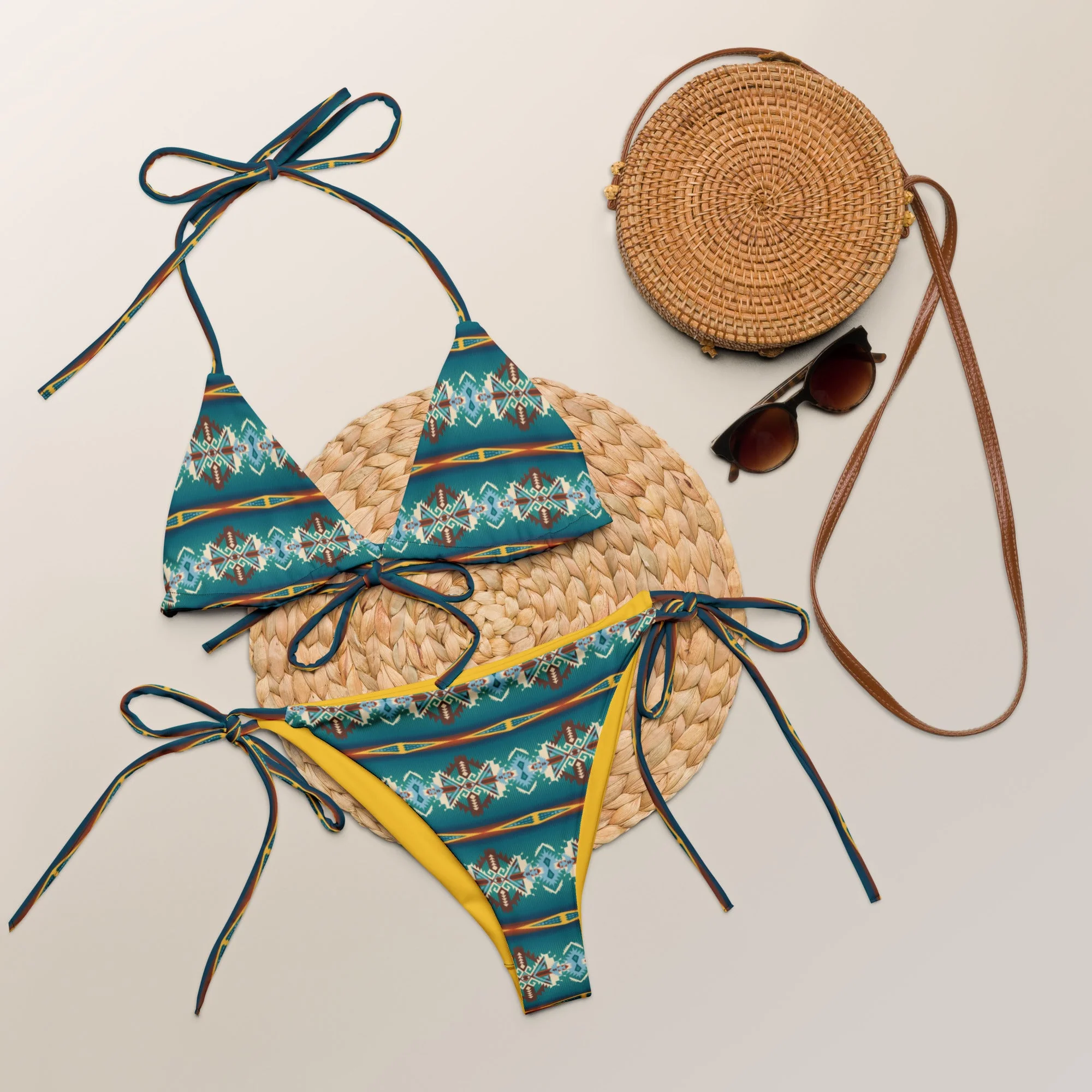First-Class Baha Ranch Yeehaw Teal Aztec String Bikini Safe