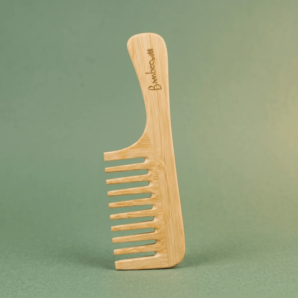 Solid Bamboo Wide Tooth Comb with Handle Flat Tips Organic