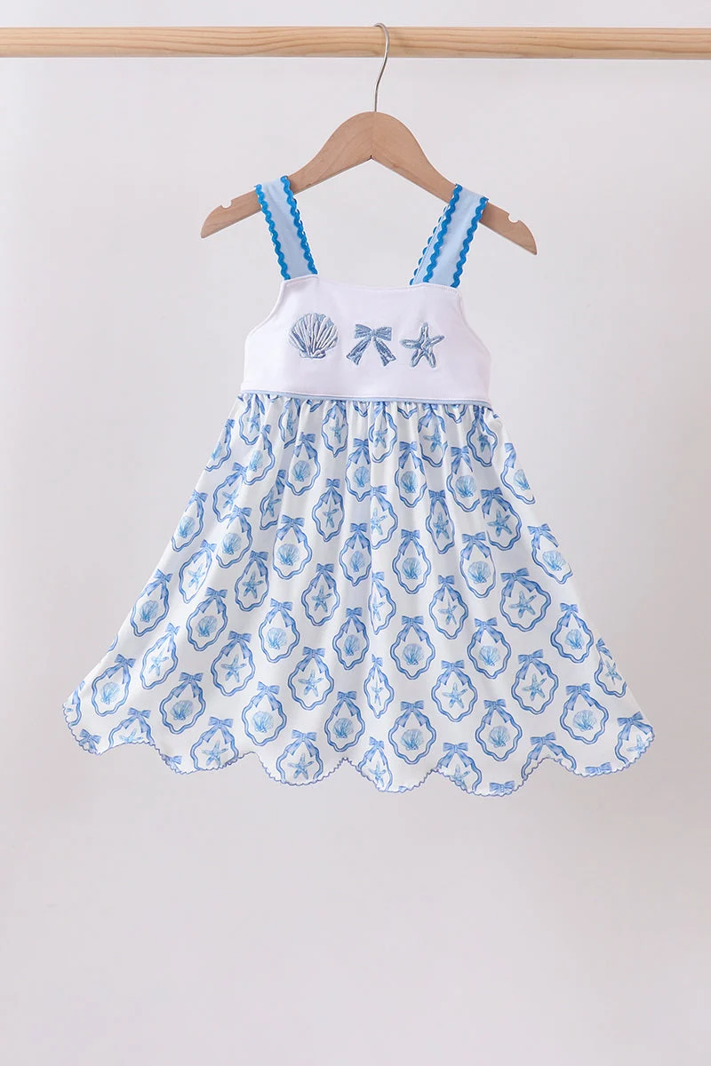 Comfortable Blue Shells Embroidered Dress Relaxed