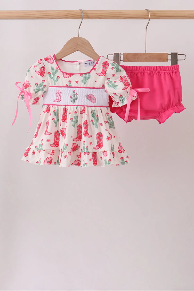 Modern Pink Boots Smocked Bloomer Set Responsible