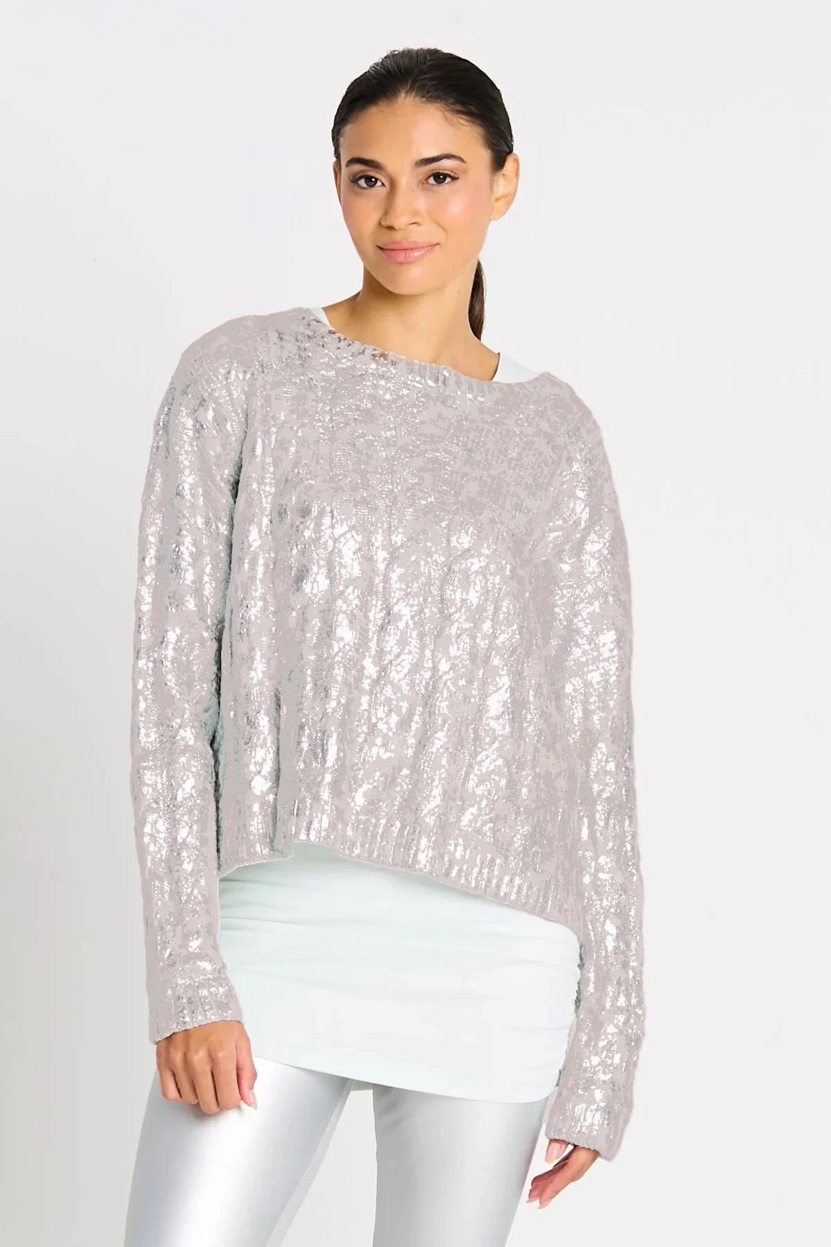 Clean Pima Cotton Mini Foil Cable Crewneck Sweater - Putty Silver Reusable