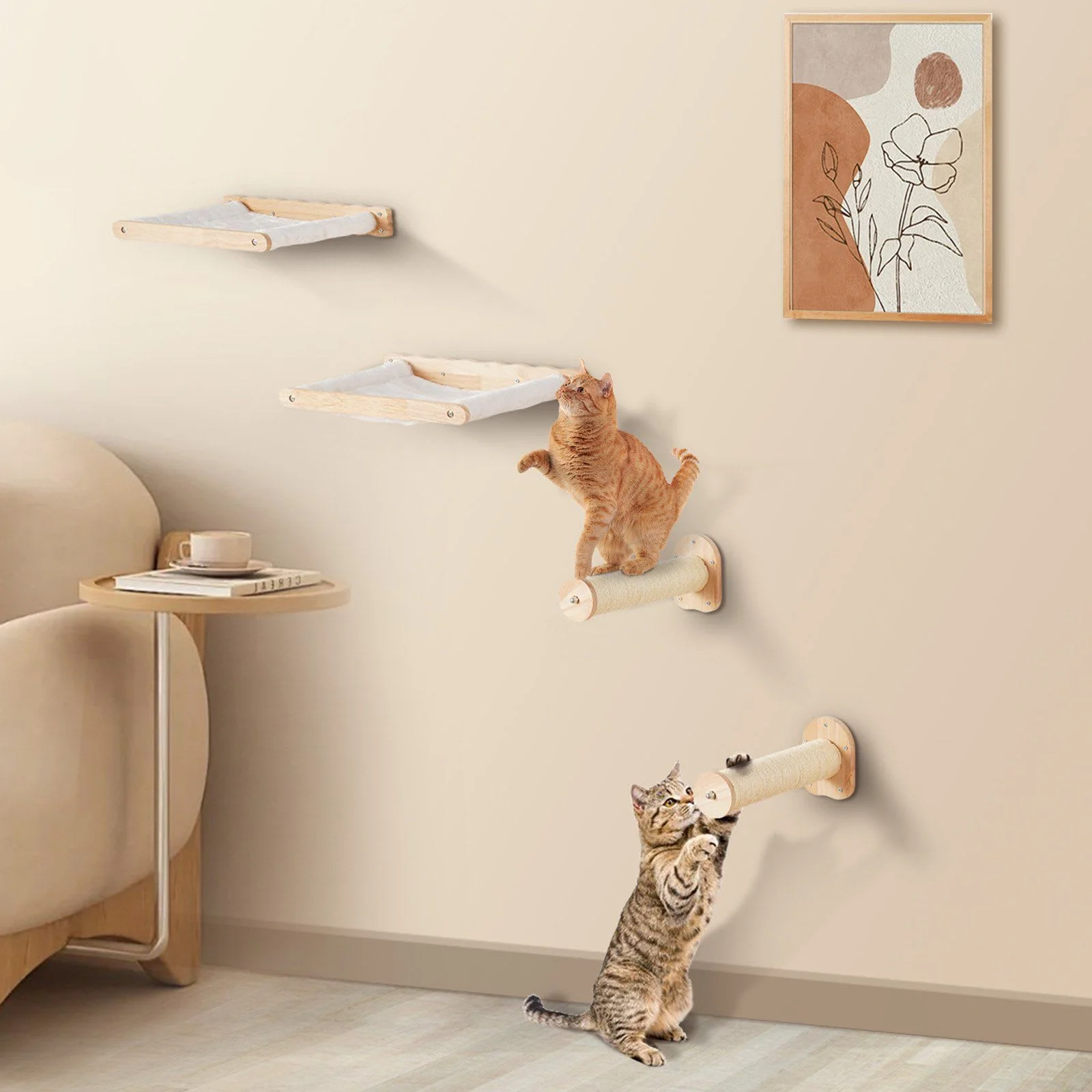 Artisan VEVOR Wall Mounted Cat Shelves with 2 Jumping Posts 2 Hammocks up to 40 lbs - Multicolor Stylish