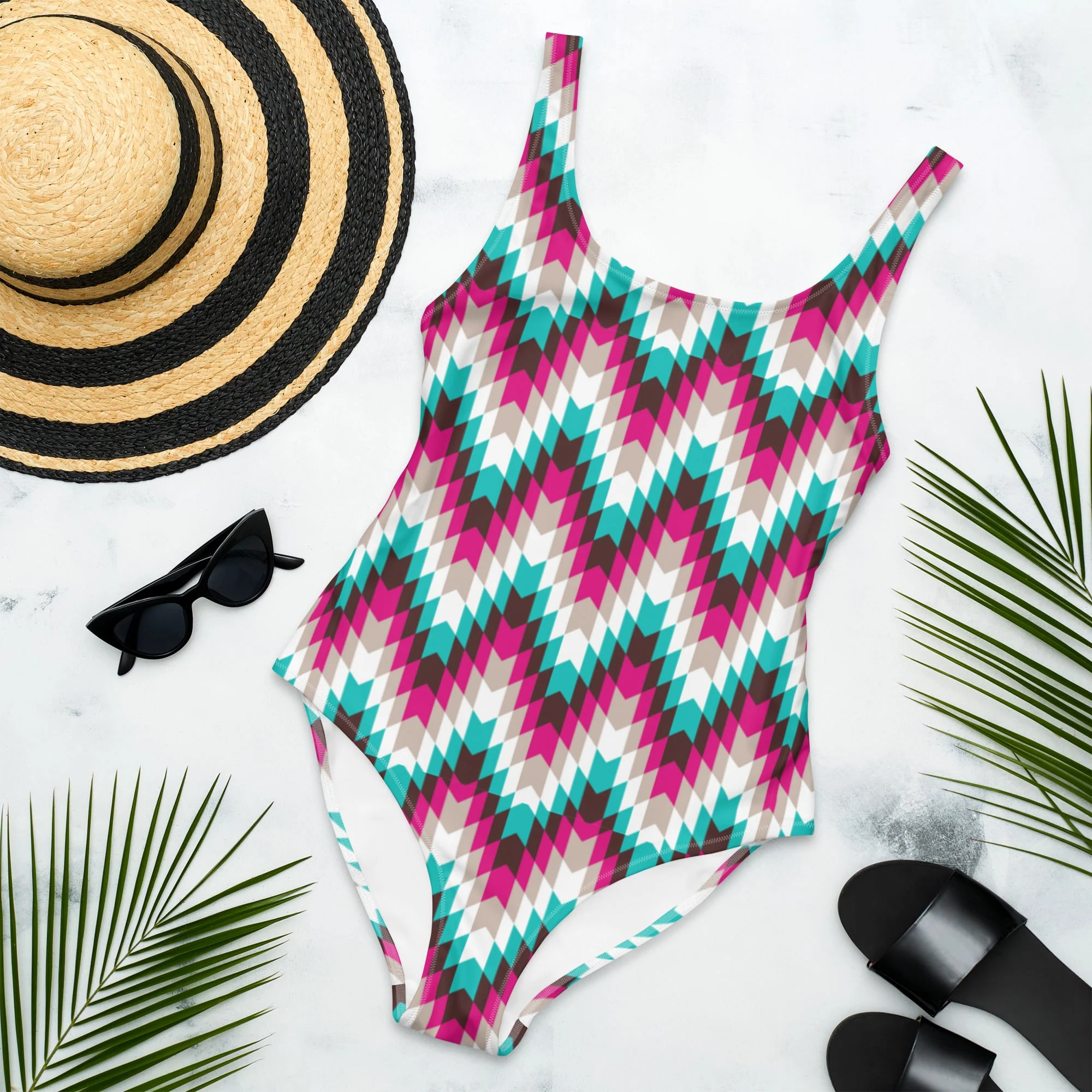 Stylish Baha Ranch Yeehaw Turquoise Aztec One-Piece Swimsuit Clean