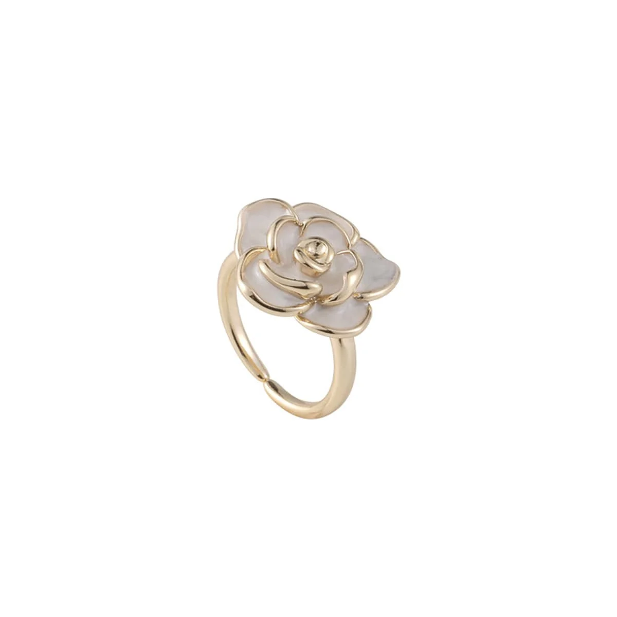 Modern White Enamel Goldtone Floral Camellia Adjustable Ring Premium Material