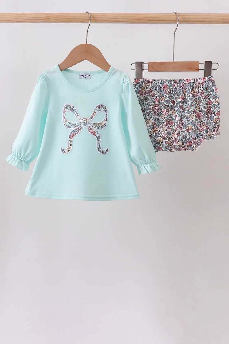Authentic Blue Floral Bow Applique Bloomer Set Efficient
