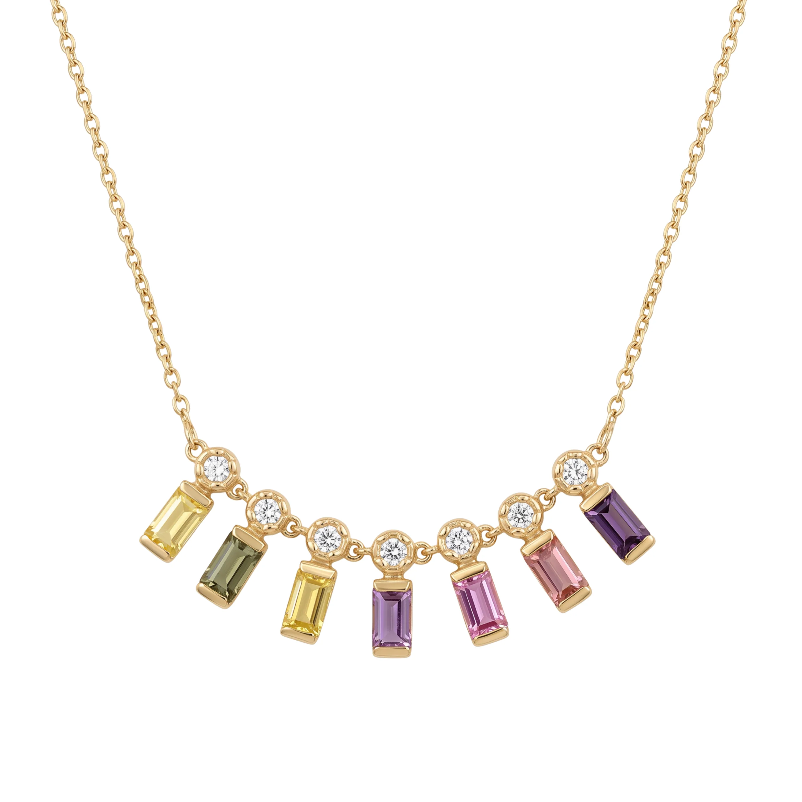 Genuine IGI 0.65 Ct Baguette Multi Color Unheated Sapphire Diamond 14K Gold Rainbow Dangler Bar Necklace Fine
