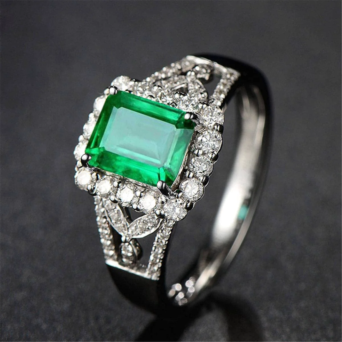 Innovative Green Crystal Silvertone Halo Radiant-Cut Adjustable Ring Environmentally Friendly