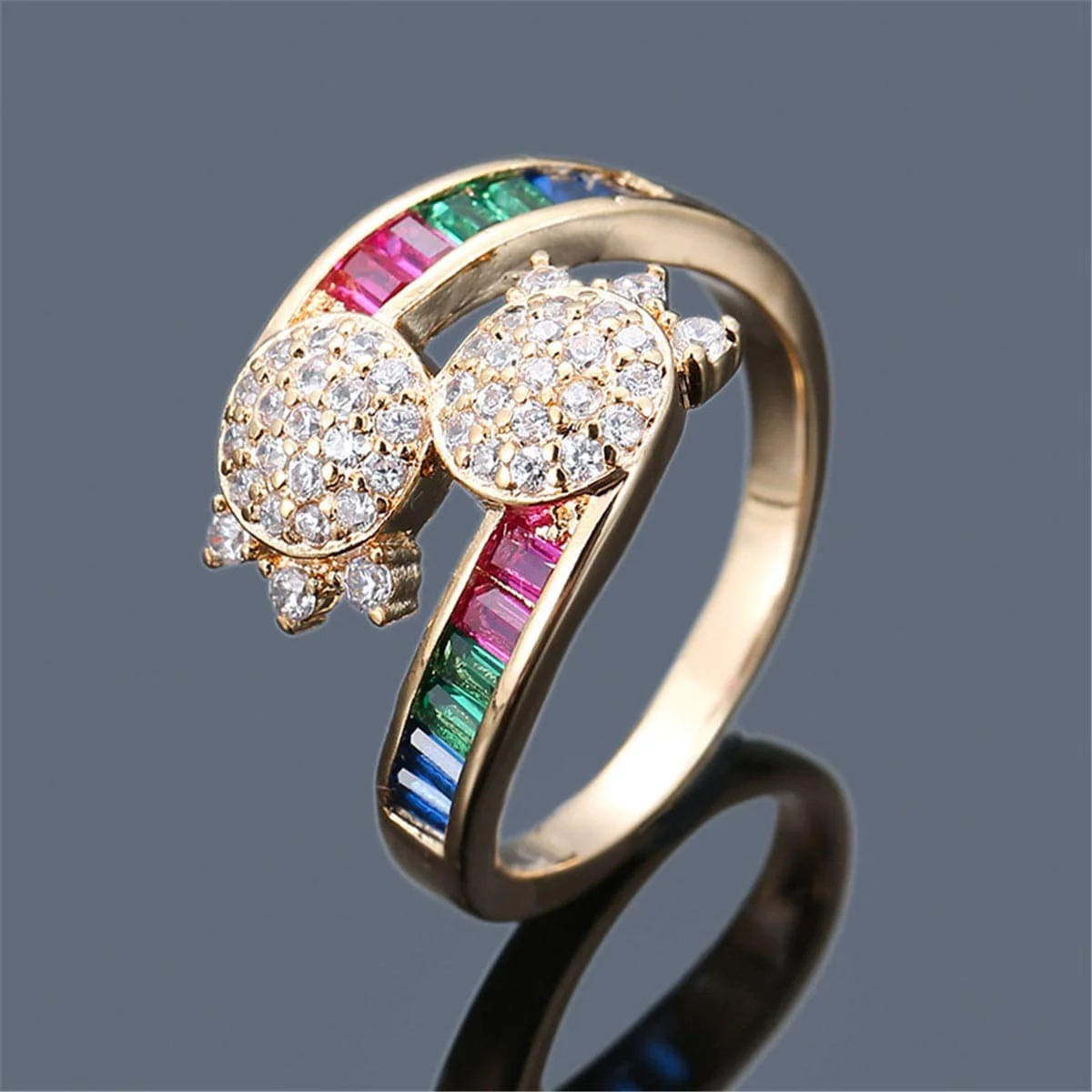 Top-Quality Rainbow Crystal Cubic Zirconia Turtle Ring Genuine