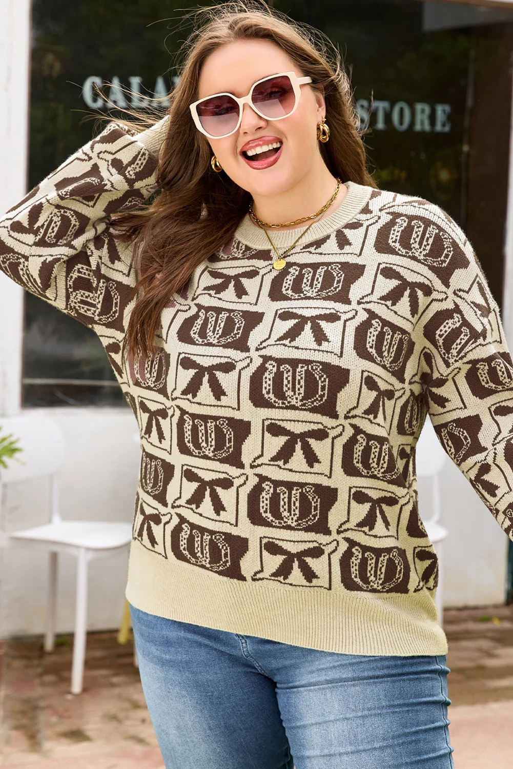 Sustainable Threaded Pear Magnolia Horseshoe Print Checkered PLUS Sweater Refined