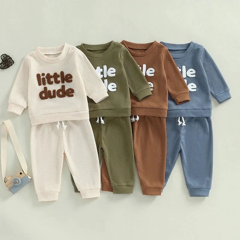 Next-Generation Baby Toddler Boys 2Pcs Little Dude Waffle Outfit Letter Embroidery Long Sleeve Top with Elastic Waist Solid Pants SetSPECIFICATIONS Practical