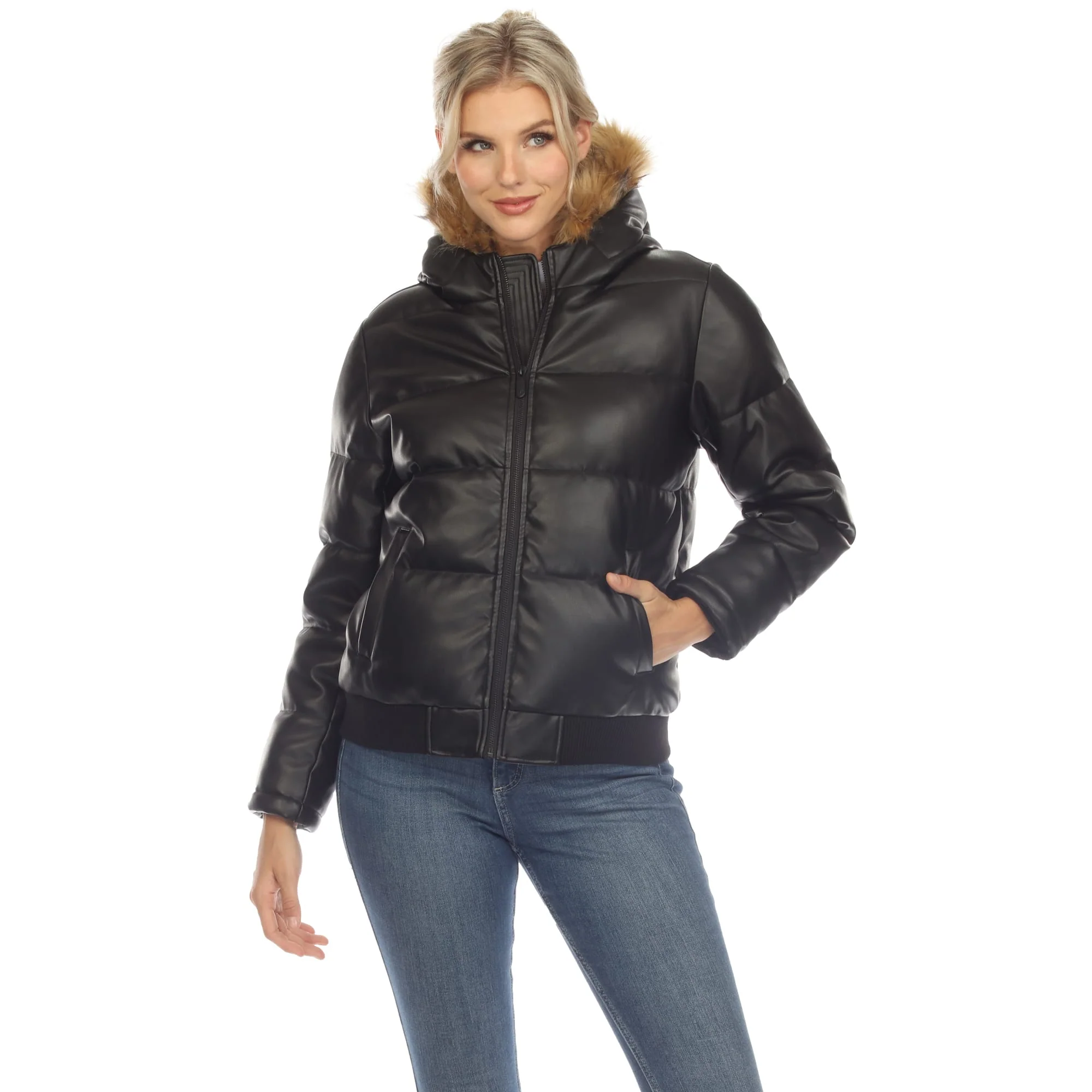 Genuine White Mark Women's Removable Fur Hoodie Bomber Leather Jacket Contemporary