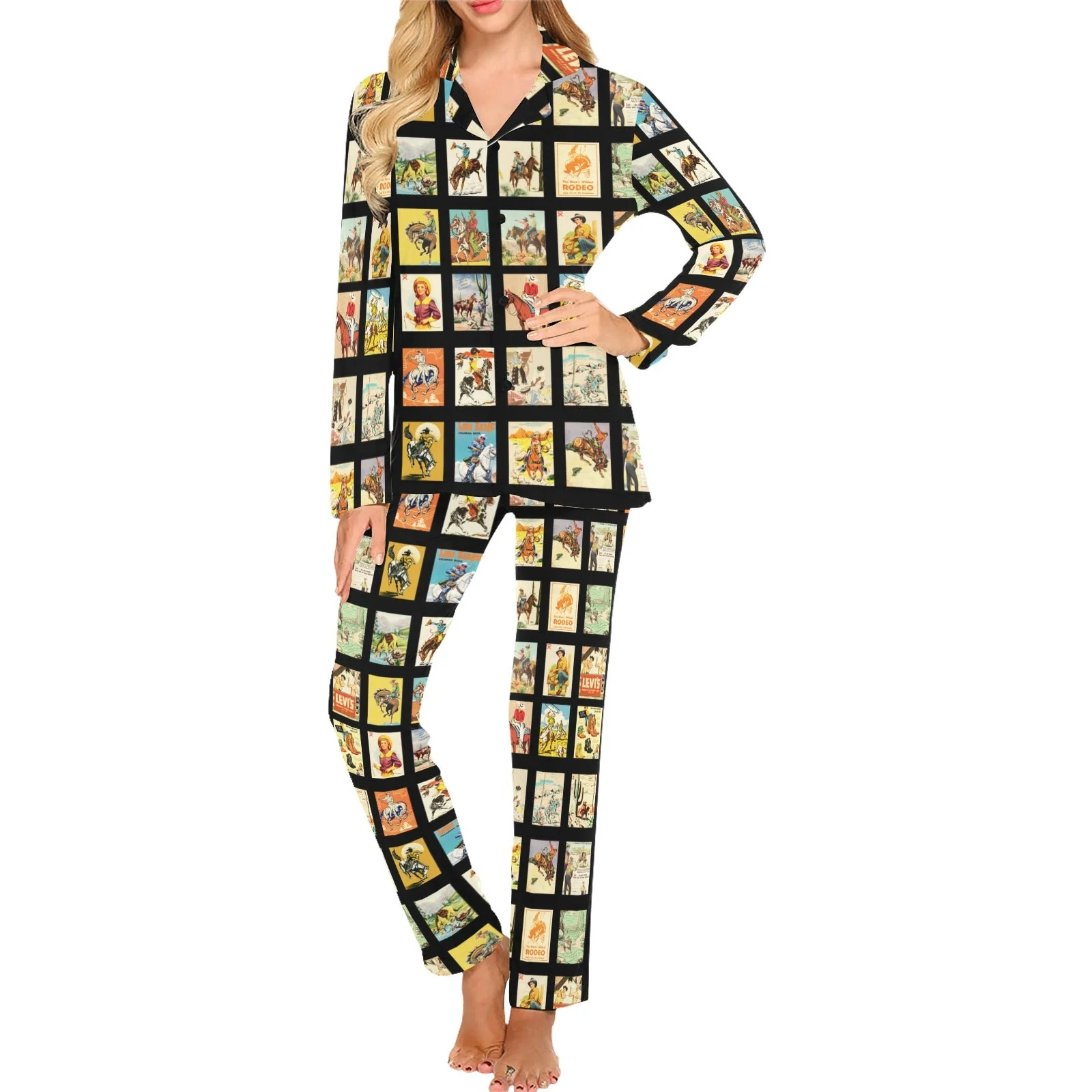 Optimized Baha Ranch Cowboy Collage Women's Western Pajama Set Trendy