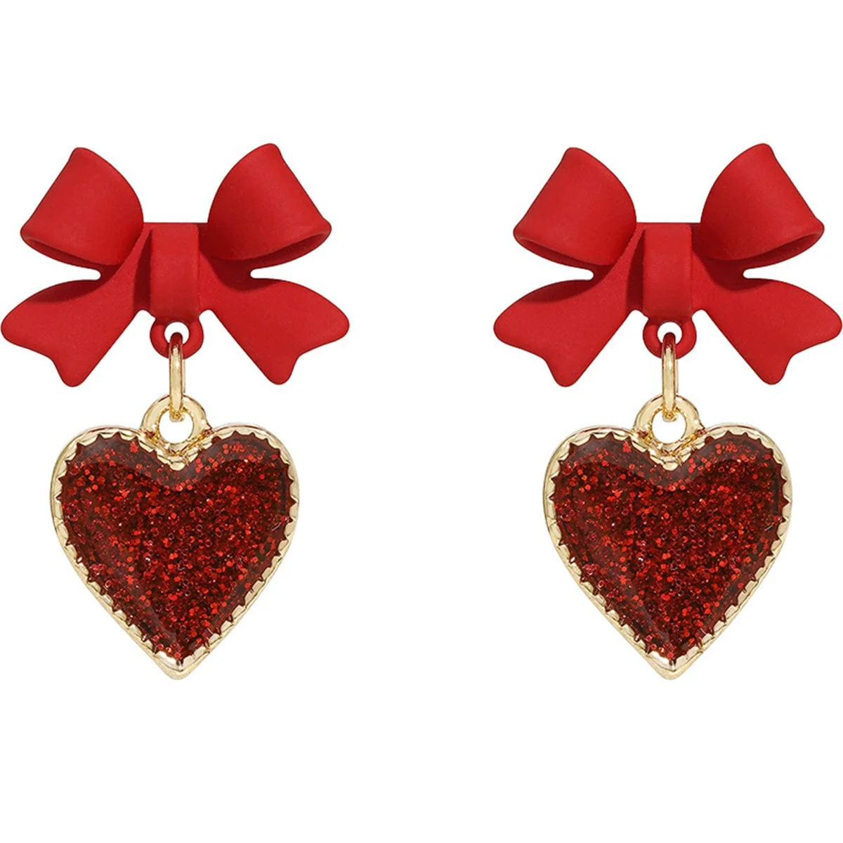 Advanced Red Enamel Cubic Zirconia Goldtone Bow Heart Drop Earrings Artisan