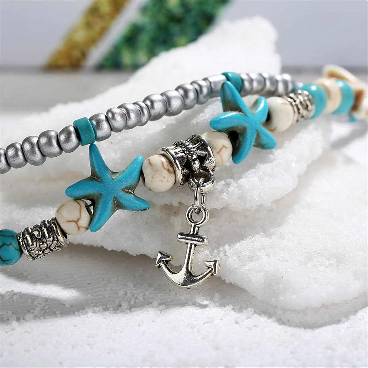 Natural Turquoise Silvertone Beaded Anchor Layered Anklet Verified
