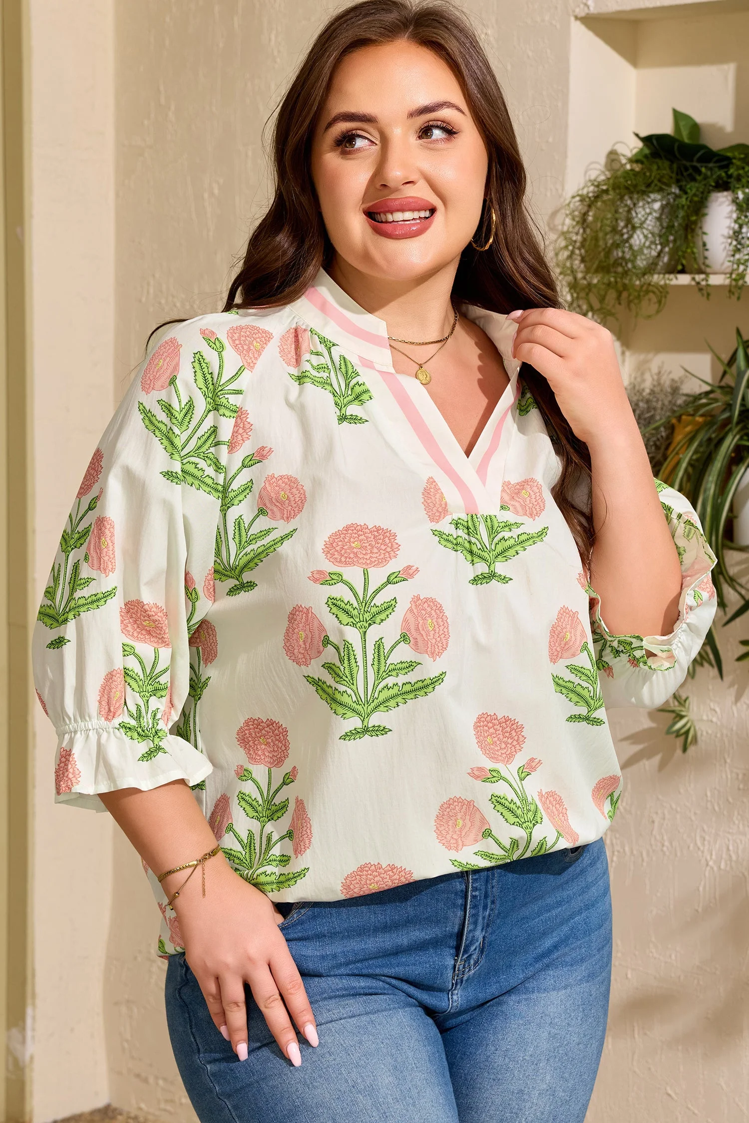 Consistent Threaded Pear Giuliana Print Striped Trim PLUS Blouse Trendy