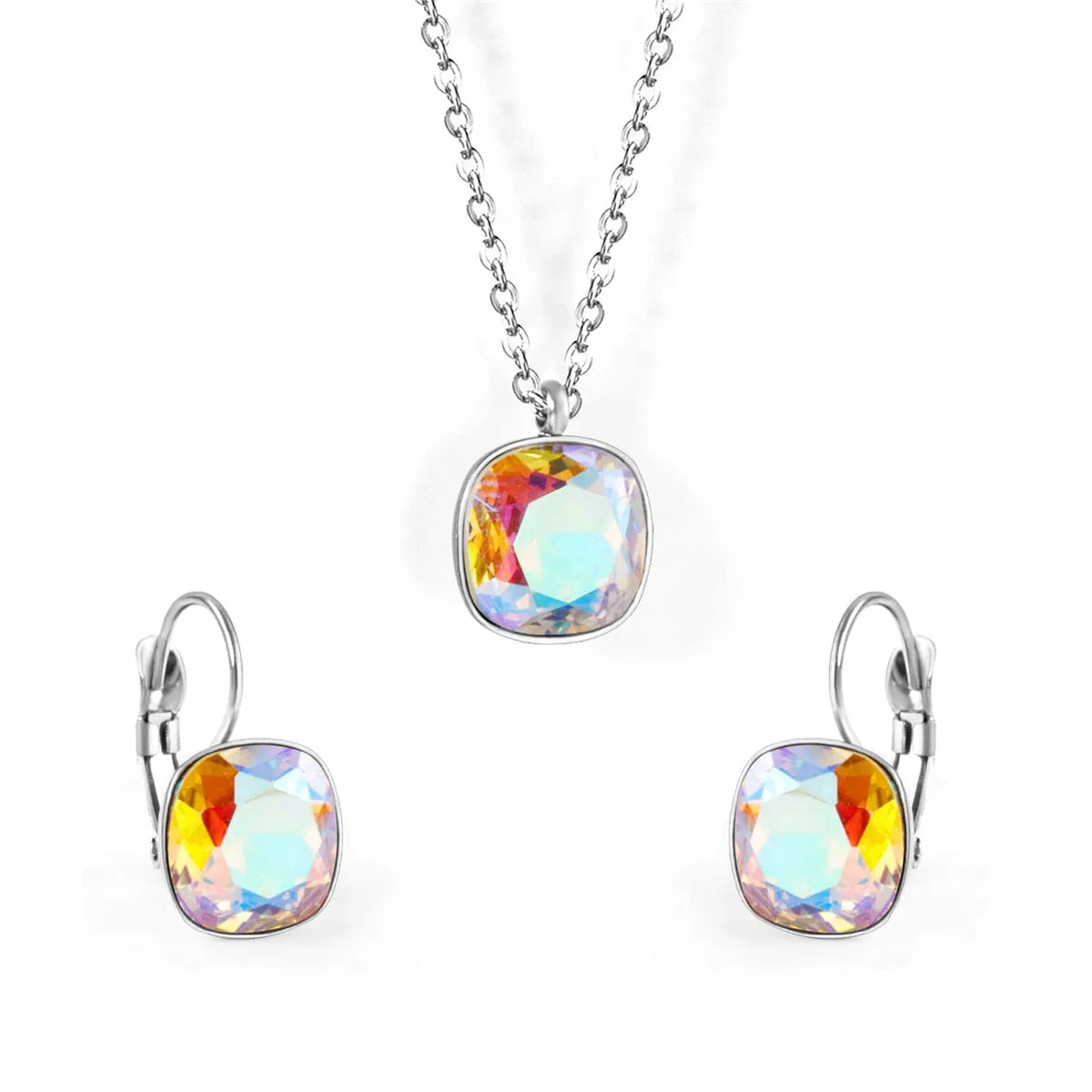 Authentic Colored Crystal Silvertone Square Huggie Earring Set Luxury