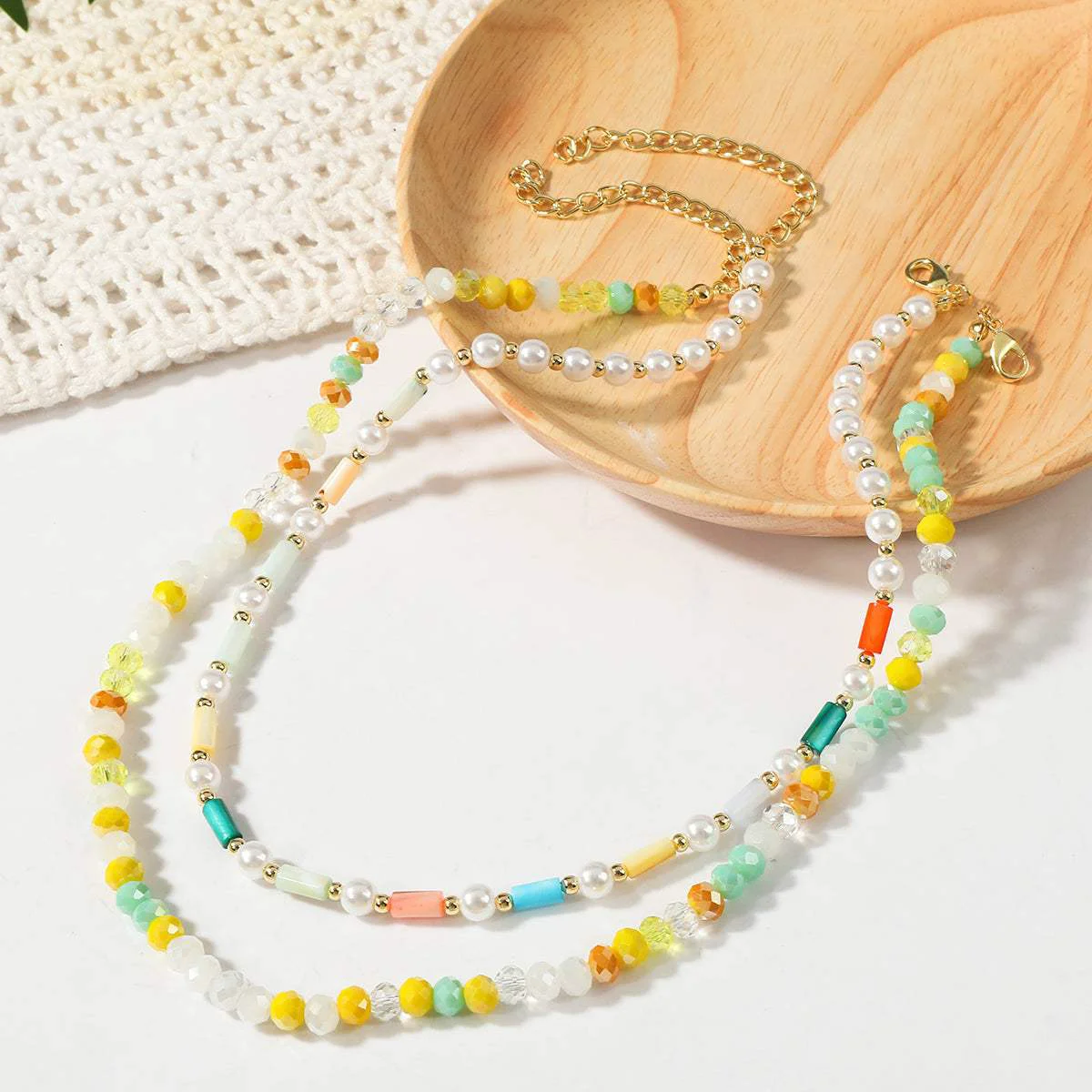 Versatile Pearl Yellow Acrylic Goldtone Beaded Necklace Set High-Grade