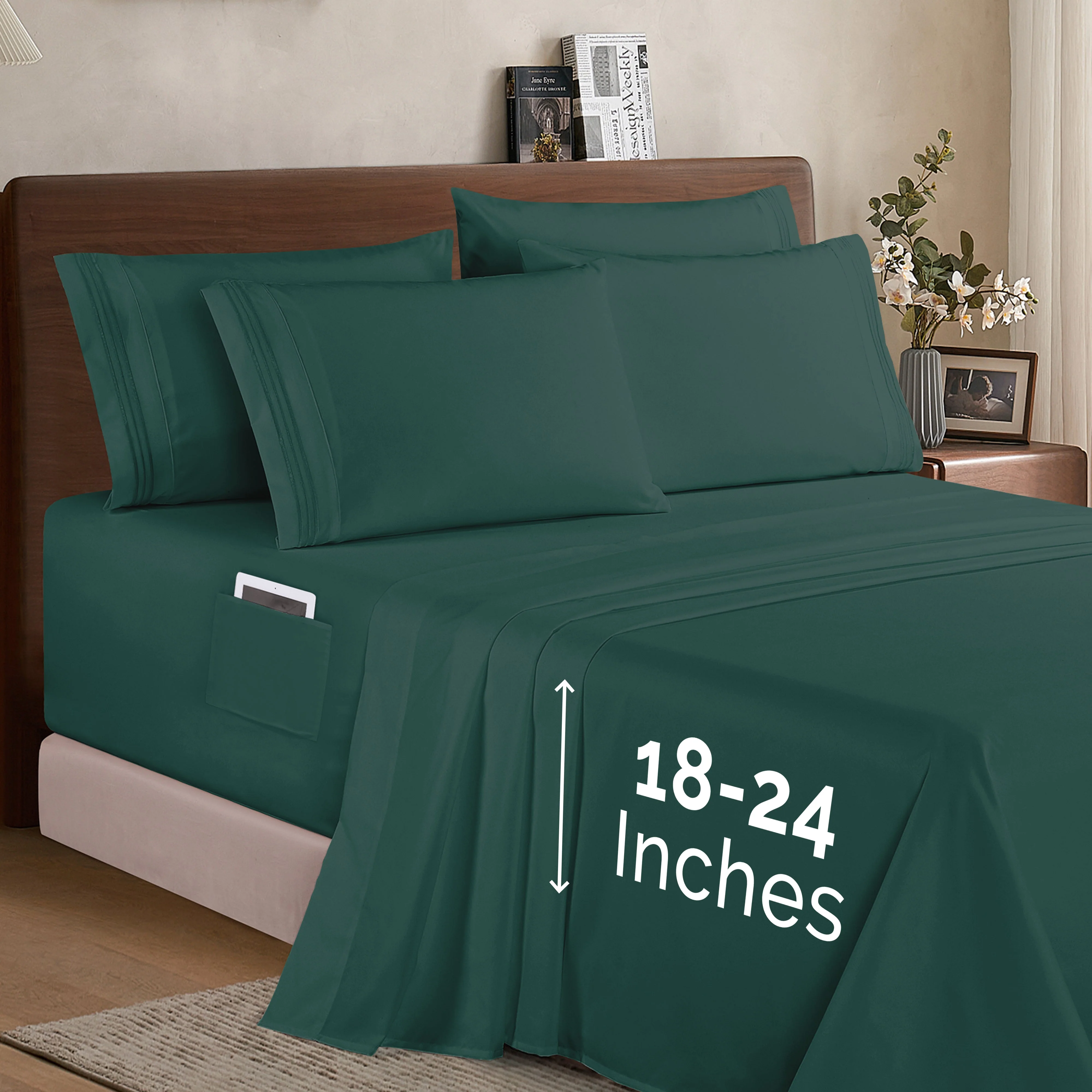 Natural Mocassi Extra deep 18-24 Inch Pocket 3 Line Embroidery 6-Piece Sheet Set Moody Shades Functional