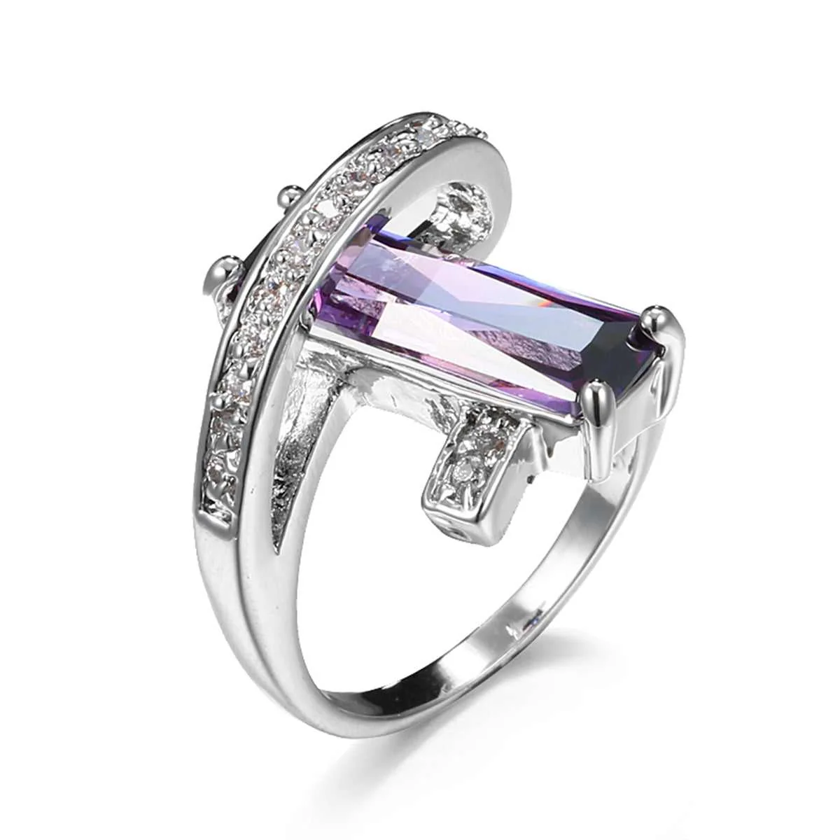 Long-Lasting Purple Crystal Cubic Zirconia Pavé Wrap Baguette-Cut Ring Official