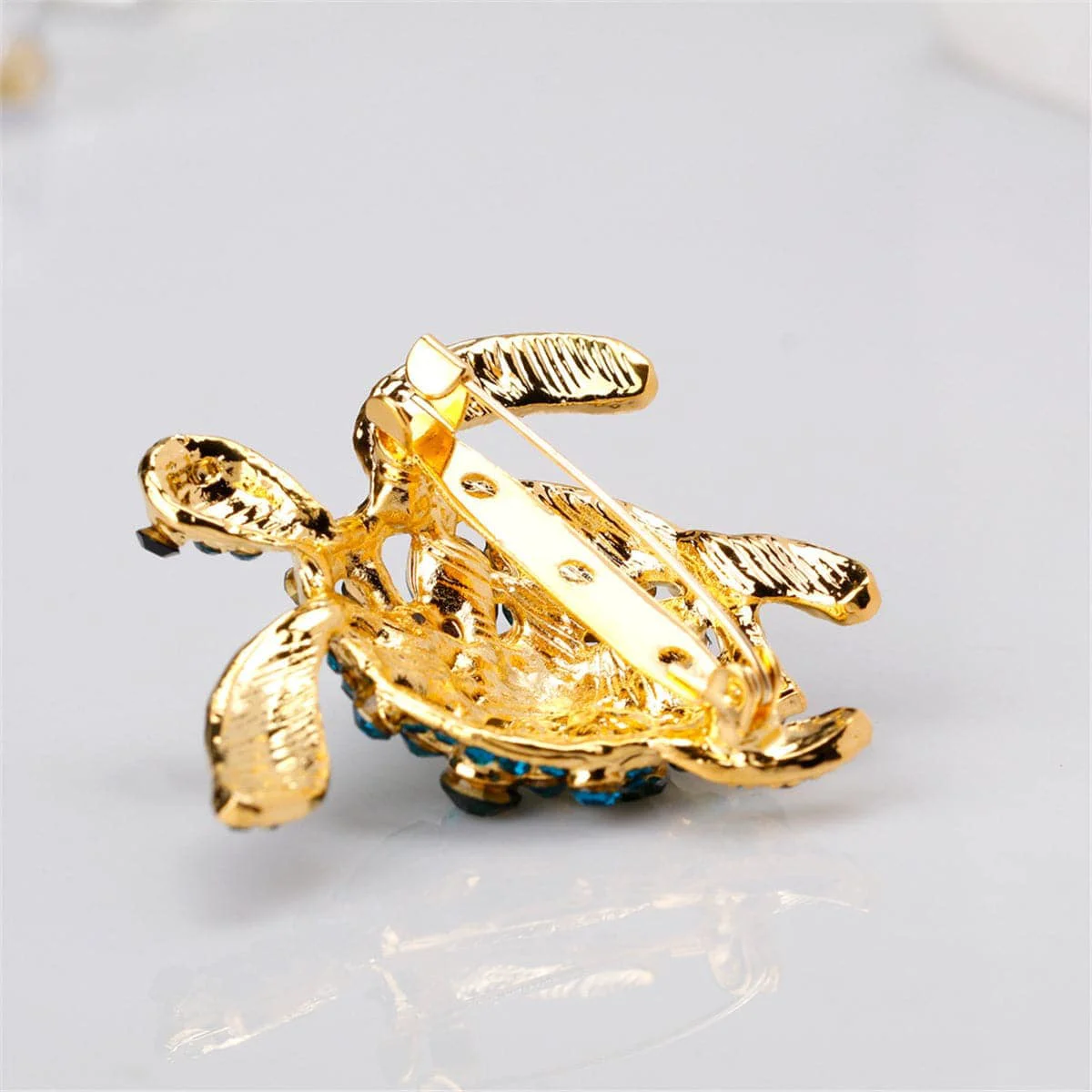 Reusable Teal Cubic Zirconia Goldtone Turtle Brooch Refined