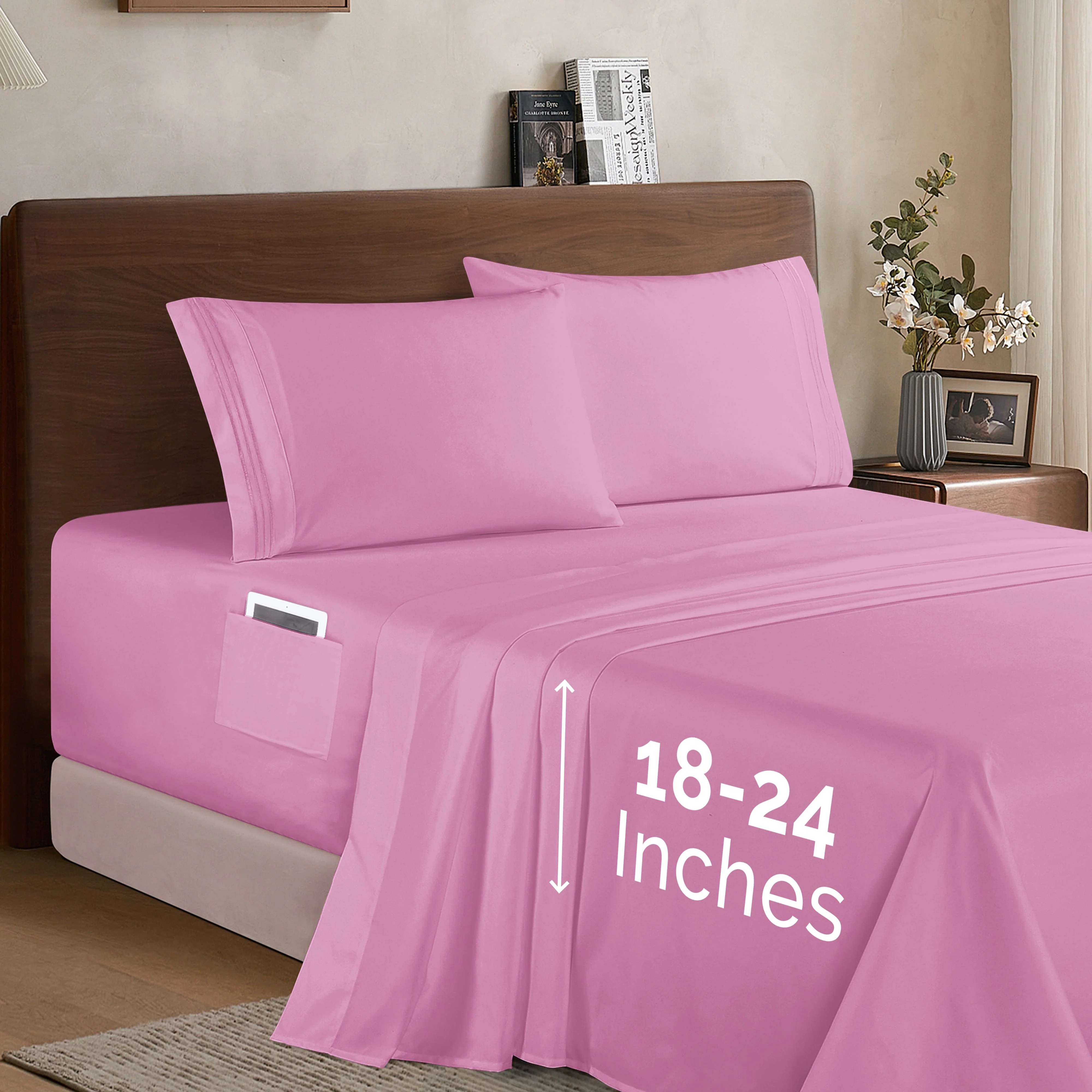 Functional Mocassi Extra deep 18-24 Inch Pocket 3 Line Embroidery 4-Piece Sheet Set Bright Shades Dependable