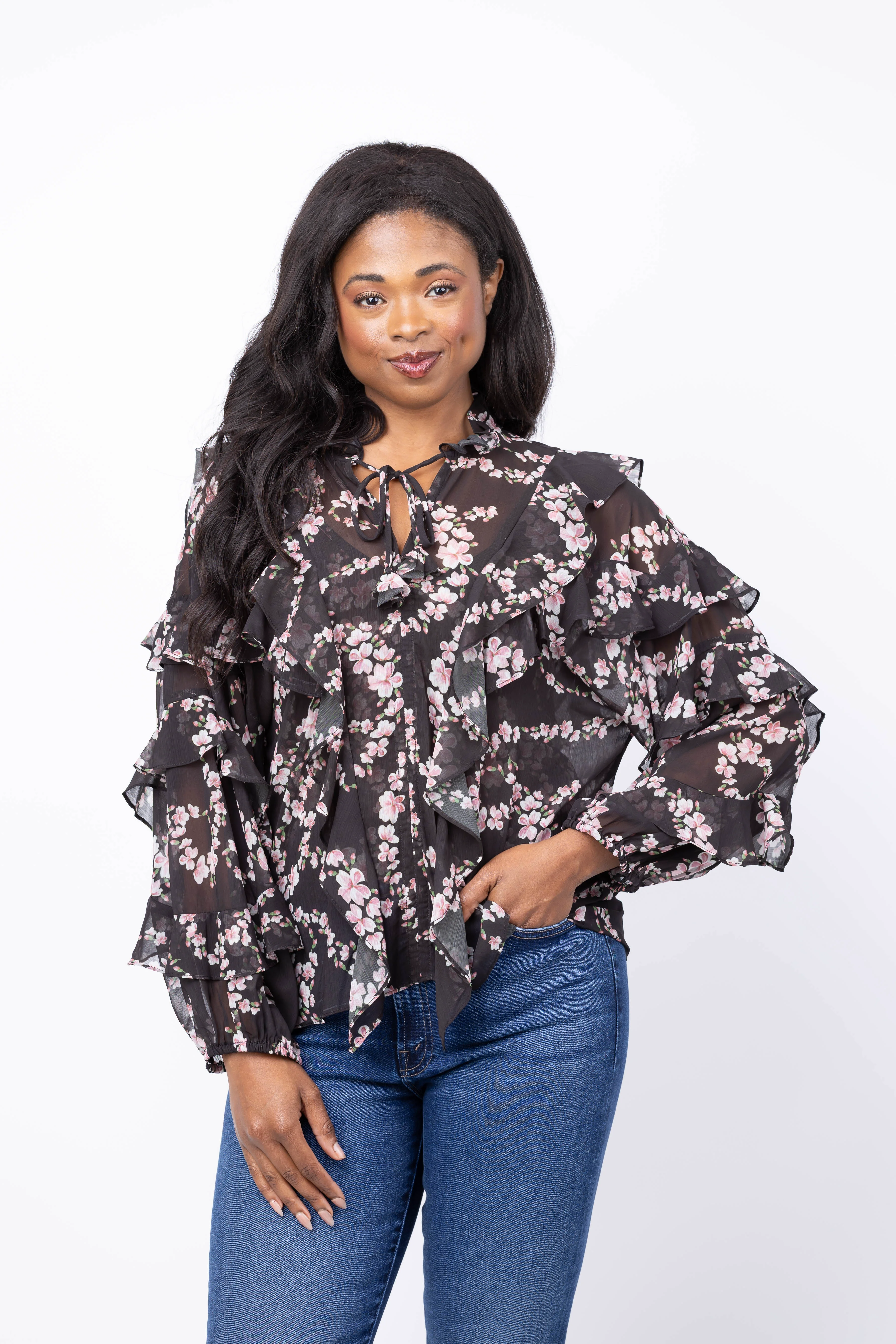 Dependable MISA Los Angeles Lupe Top in Chained Blossom Chiffon Sustainable