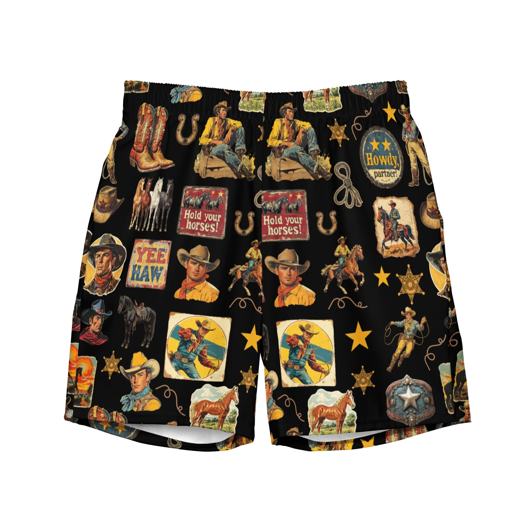 Responsible Baha Ranch Yeehaw Vintage Cowboy Collage Swim Trunks Durable