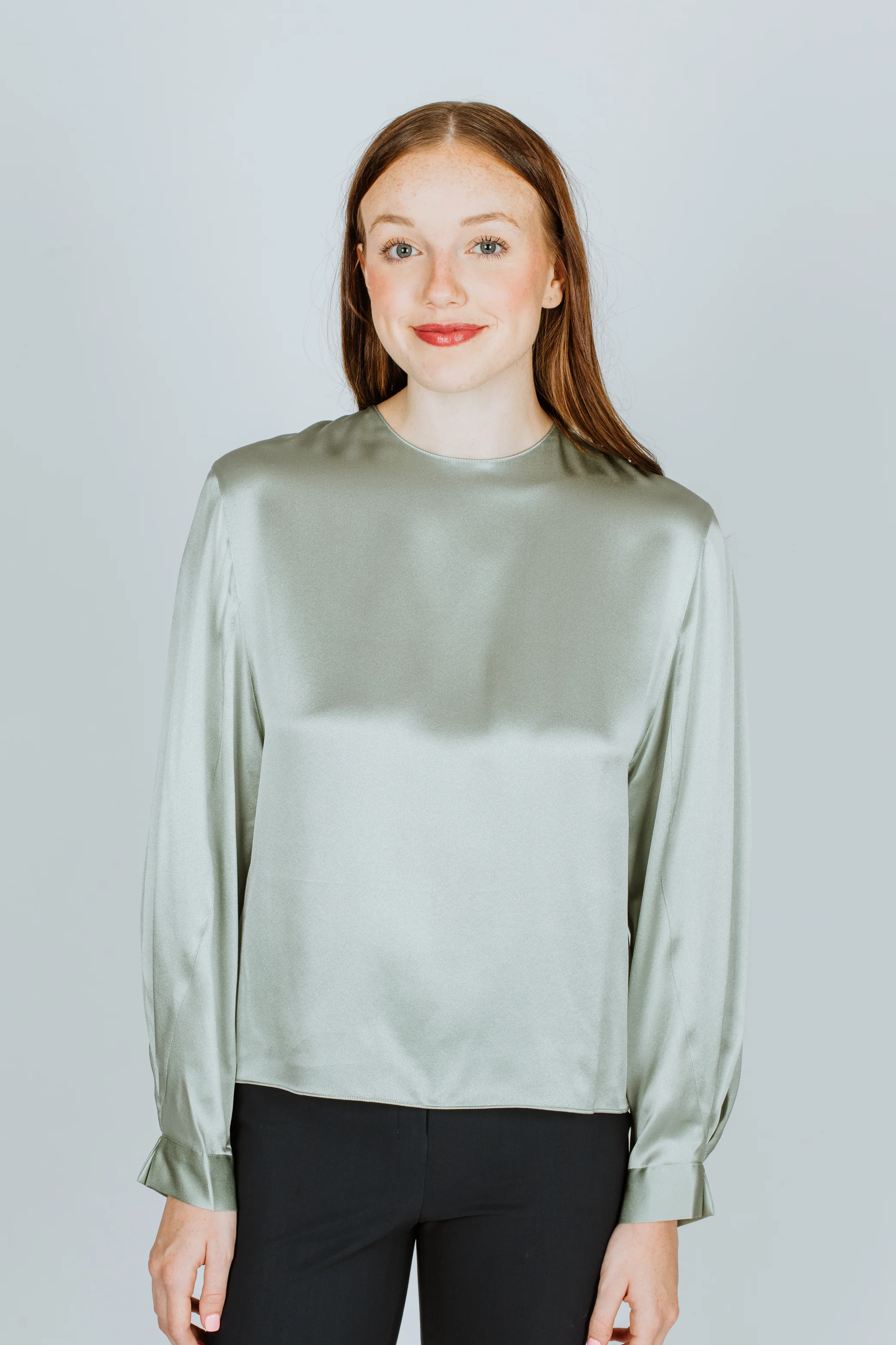 Sustainable Vince Pleated Cuff Crew Neck Blouse Mint Glass Fashionable