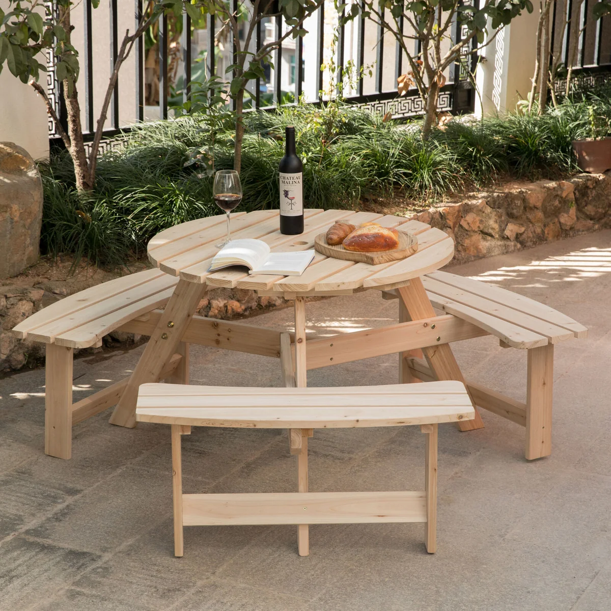Innovative Spacious Outdoor Wooden Round Patio Picnic Table Bench Recyclable