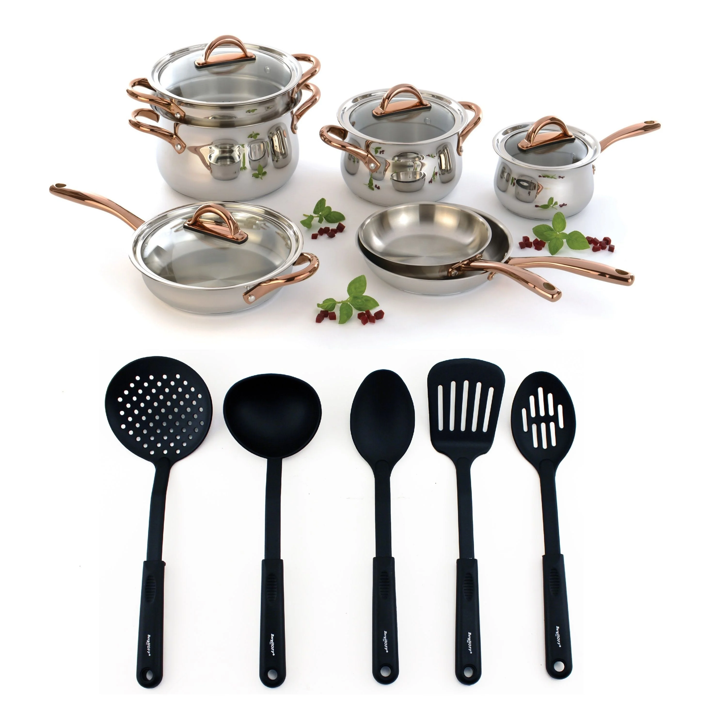 User-Friendly BergHOFF Ouro Gold 16Pc 18 10 Stainless Steel Cookware Set with Glass Lids Detailed