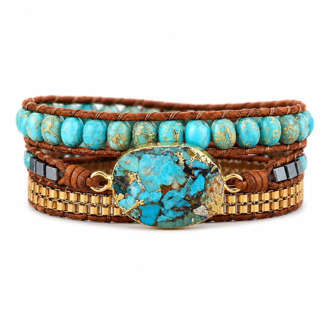 Verified Turquoise Jasper Leather Stone Wrap Bracelet Professional