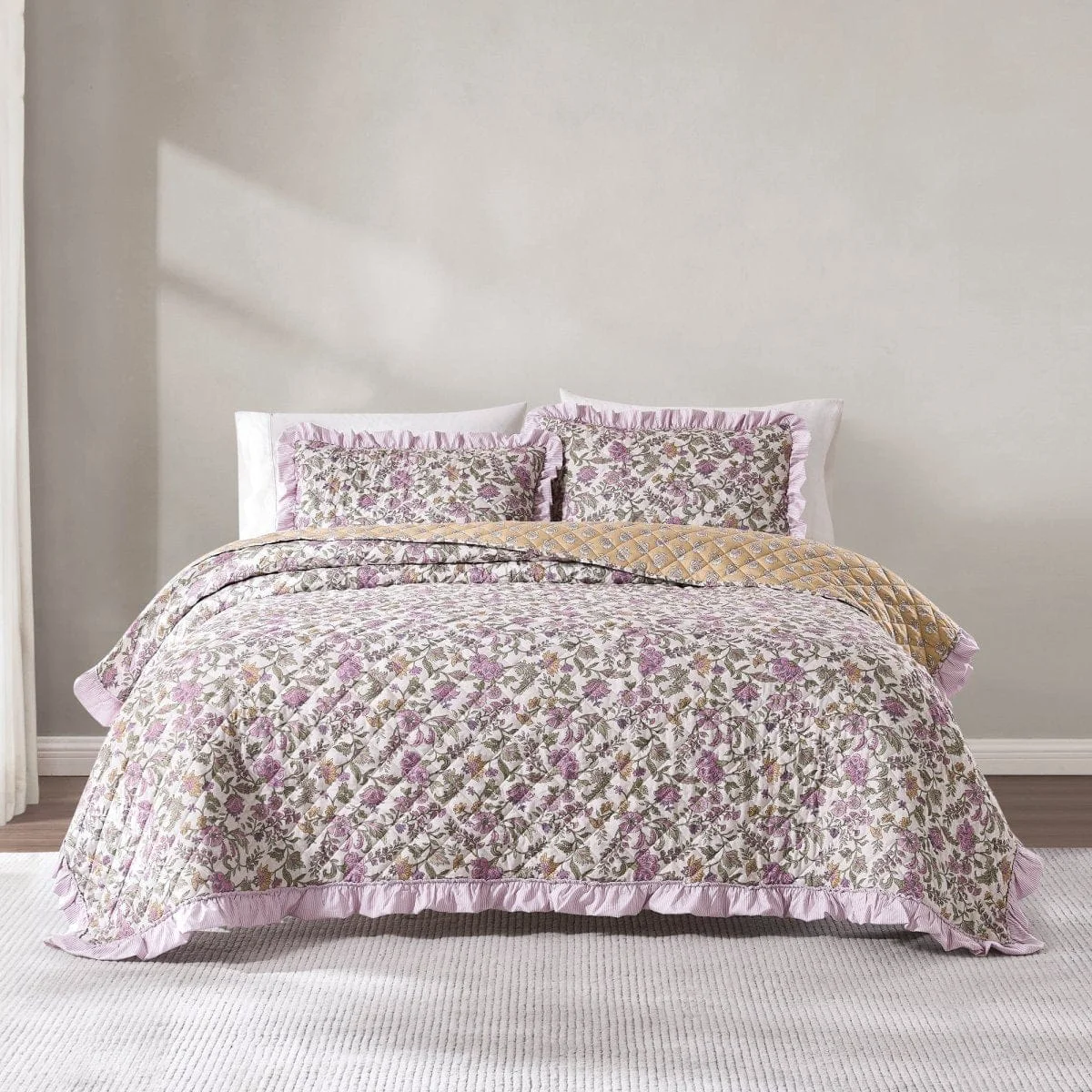 Powerful Lola Block Print Ruffle Reversible Floral Quilt Set Soft