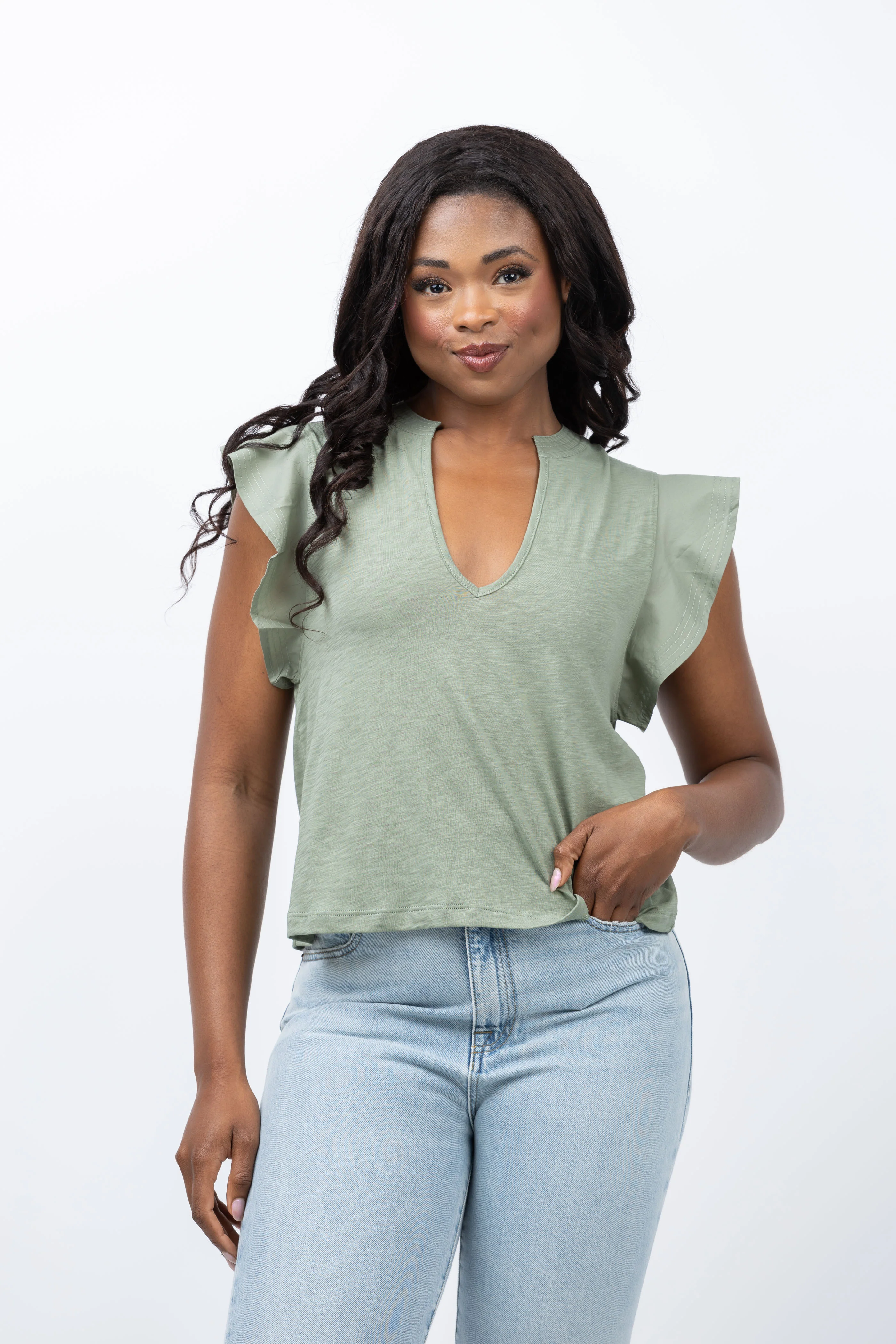 Pure NATION Constance V-Neck Top in Sea Spray Certified