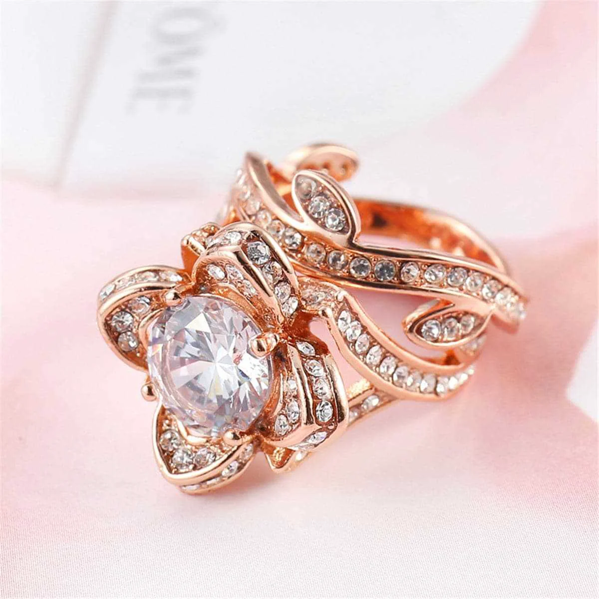 Authentic Cubic Zirconia Crystal Rose Goldtone Floral Stacked Ring Classic