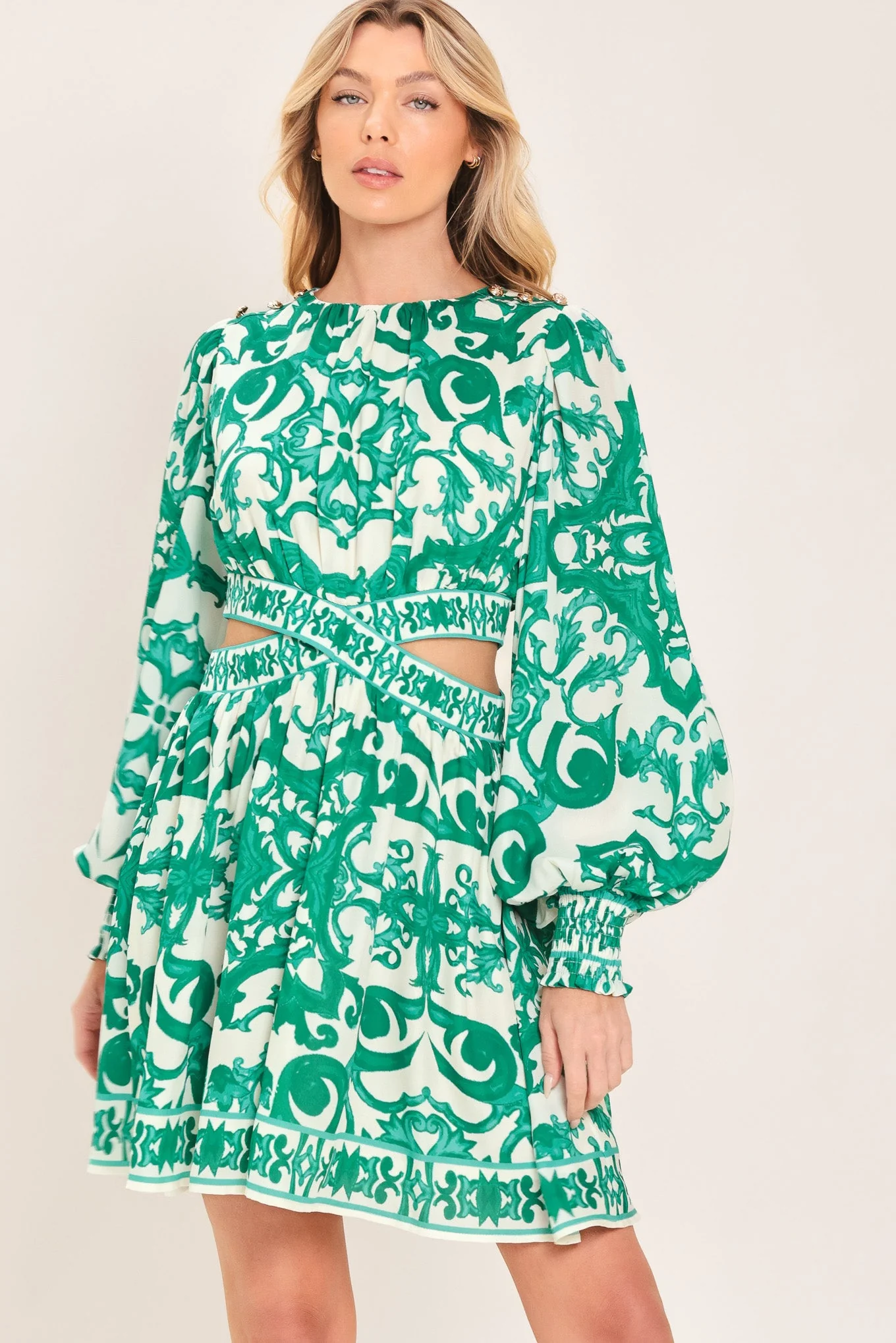 Authentic Emerald Fresco Woven Mini Dress Crafted