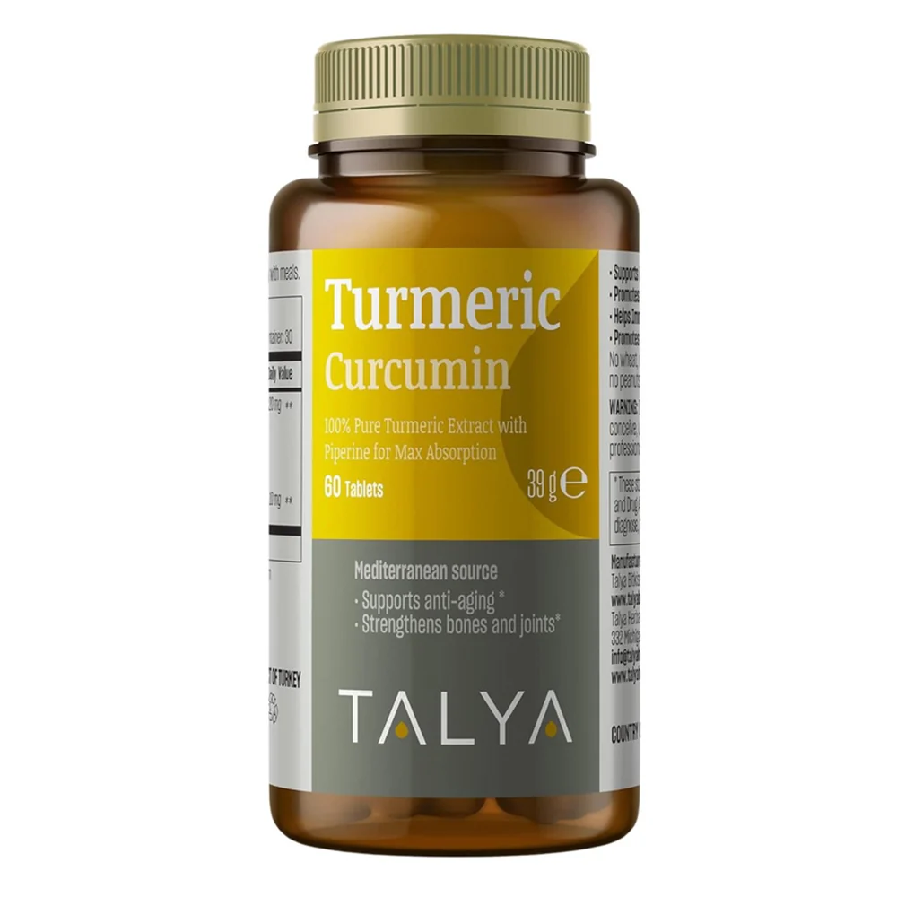 Verified Talya Turmeric Curcumin Support Anti Aging and Strengthens Bones and Joint Veg Capsules 60Ea Premium Material