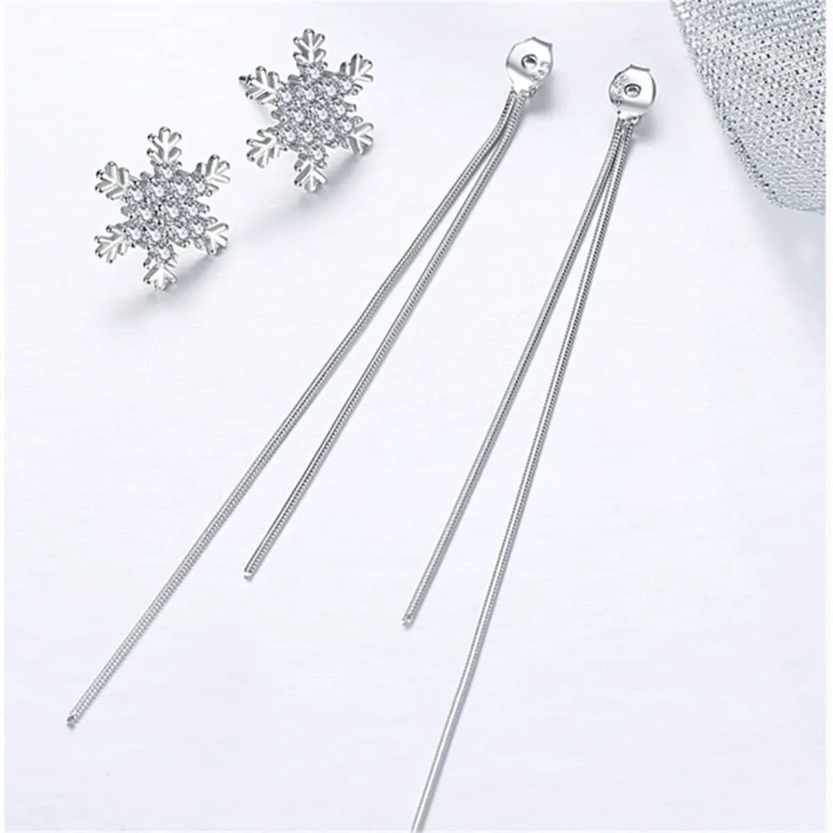High-Quality Cubic Zirconia Silvertone Snowflake Tassel Ear Jackets Top-Quality