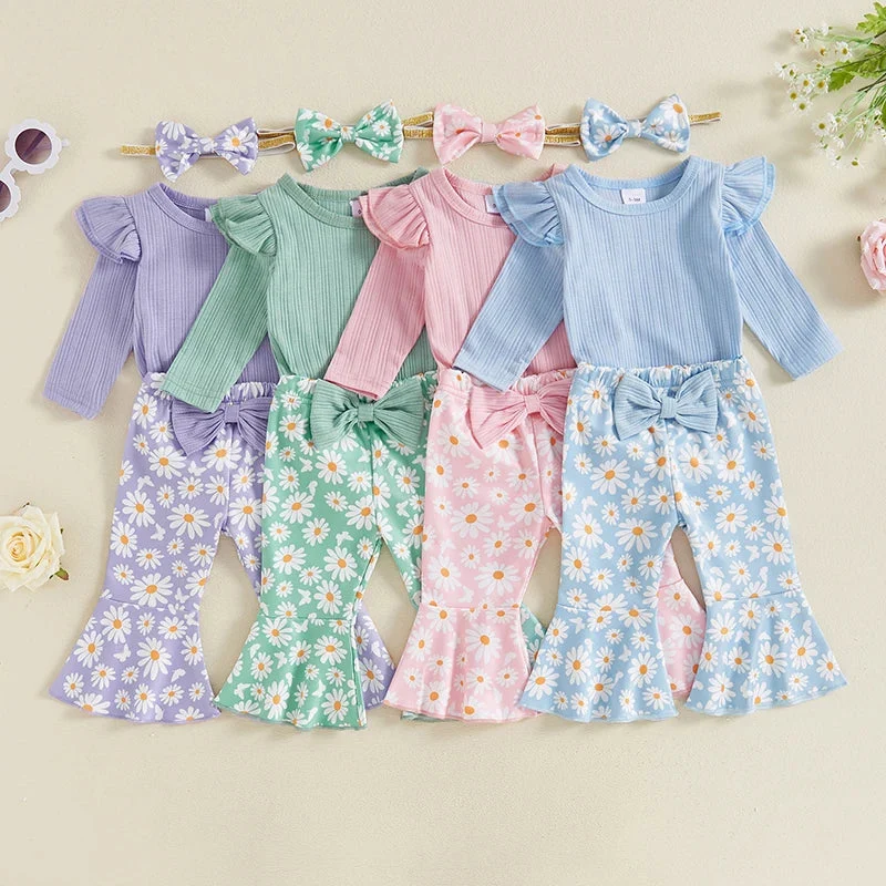 First-Class Baby Girl 3Pcs Fall Outfit Long Sleeve Ribbed Romper Daisy Flower Flare Pants Bow Headband SetSPECIFICATIONS Modern
