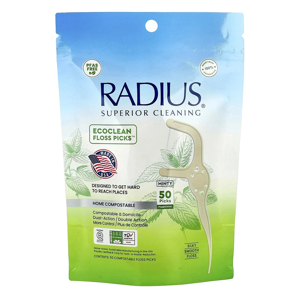 Effective Radius EcoClean Adult Floss Picks Compostable Peppermint for Oral Care 50Ea Convenient