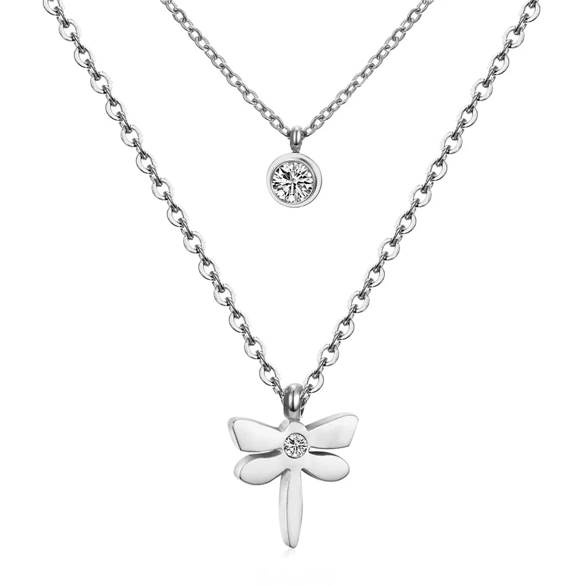 Artisan Cubic Zirconia Silvertone Dragonfly Layered Pendant Necklace Professional