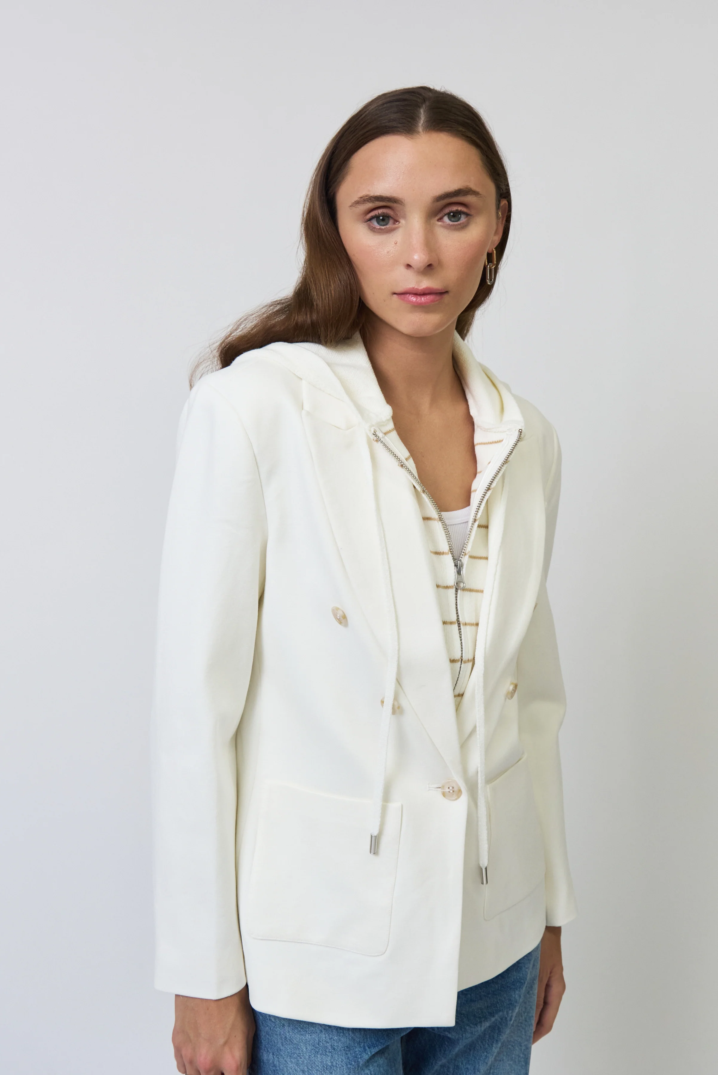 Clean Central Park West Nevada Stripe Sweater Dickey Jacket in White Functional