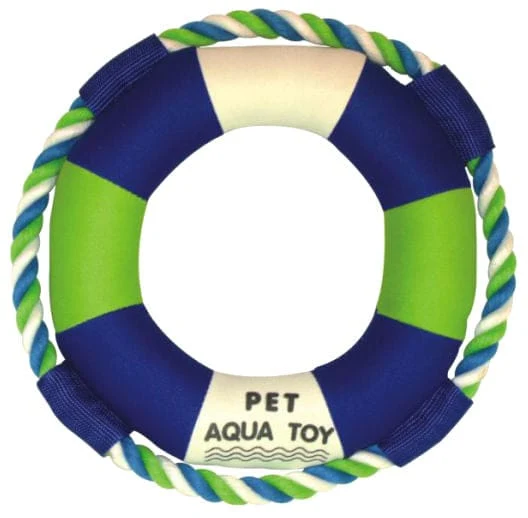 Eco-Friendly Pet Life 'Life Raver' Rounded Squeaking and Jute Rope Floating Dog Toy - Blue Green - One Size Reliable