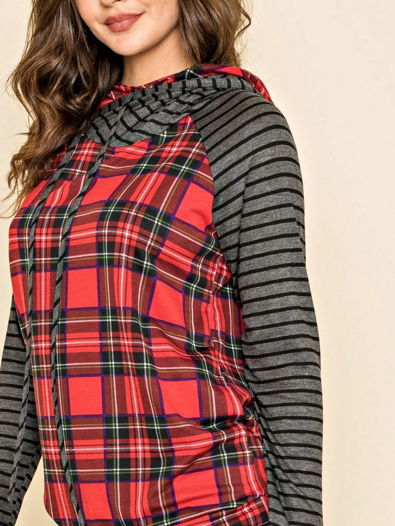 Top-Quality Women's Stylish Long Sleeve Knitted Fabric Top With Plaid Contrast Panel And Drawstring Detail Casual Regular Length Blouse Specialty