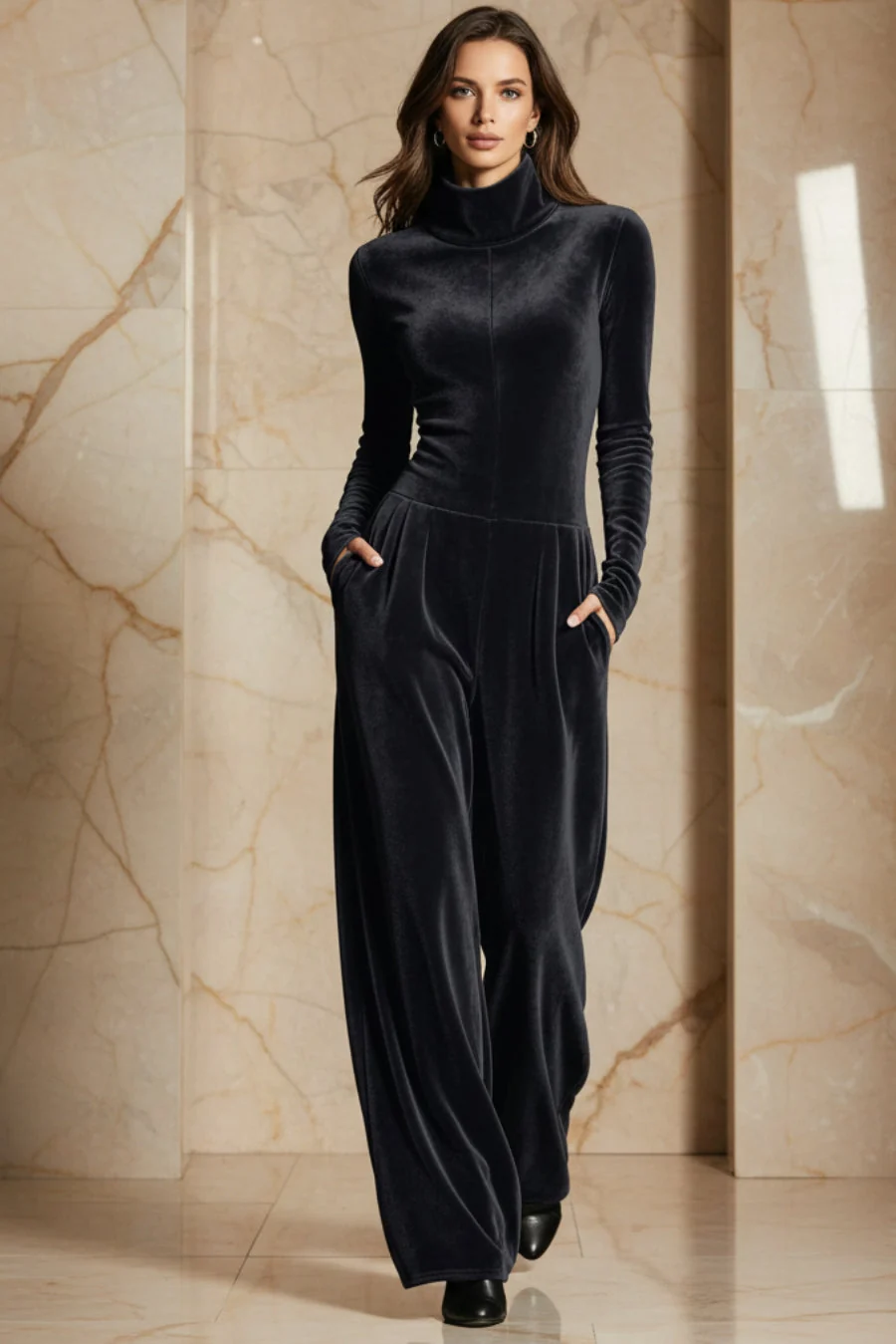 Advanced Women's Velvet Mock Turtleneck Chevron-Seam Fitted Bodice Balloon-Leg Jumpsuit Genuine