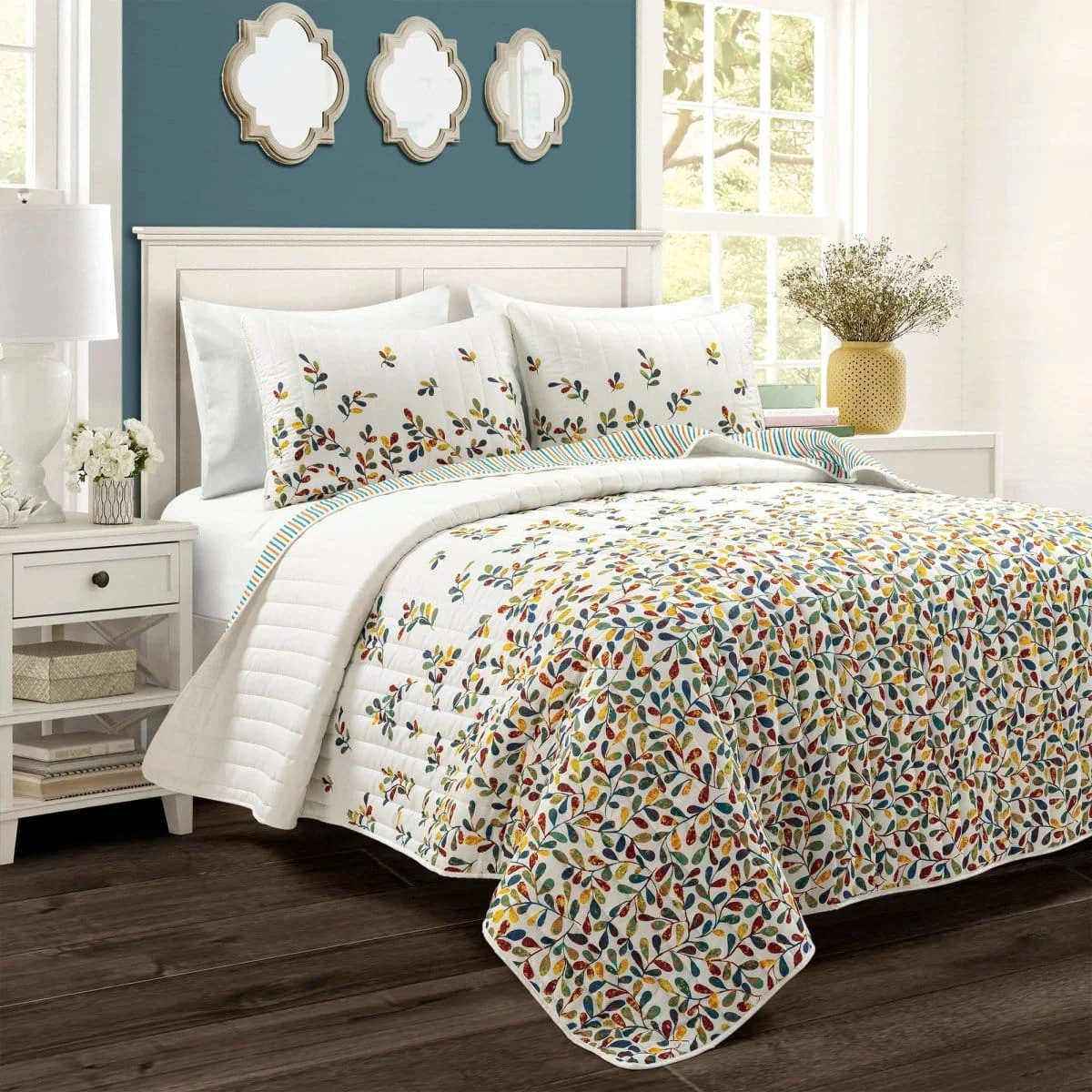 Pure Boho Botanical Leaf Reversible 3 Piece Quilt Set Certified