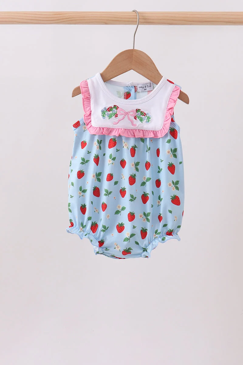 Breathable Blue Strawberry Embroidered Ruffle Bow Bubble Recyclable